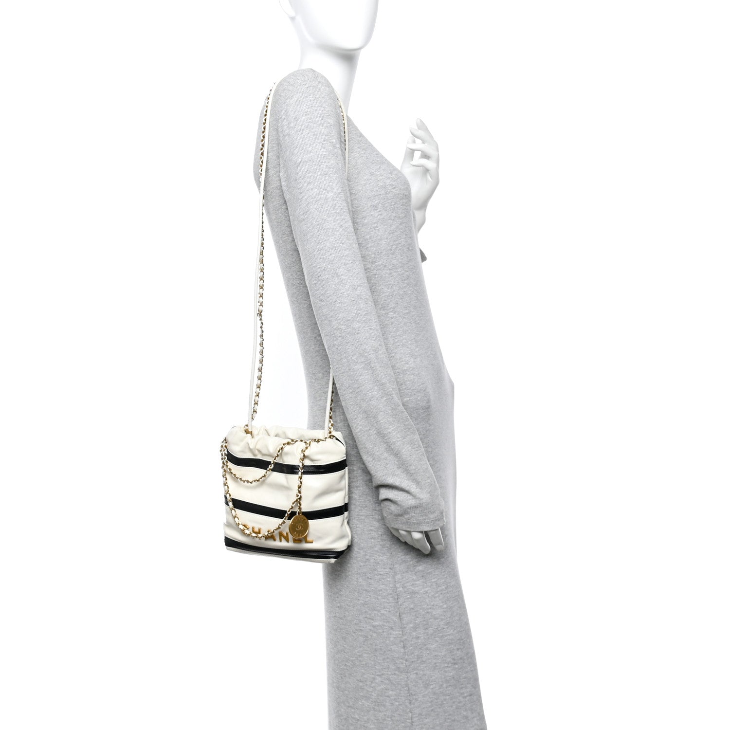 Shiny Calfskin Striped Mini Chanel 22 White Black