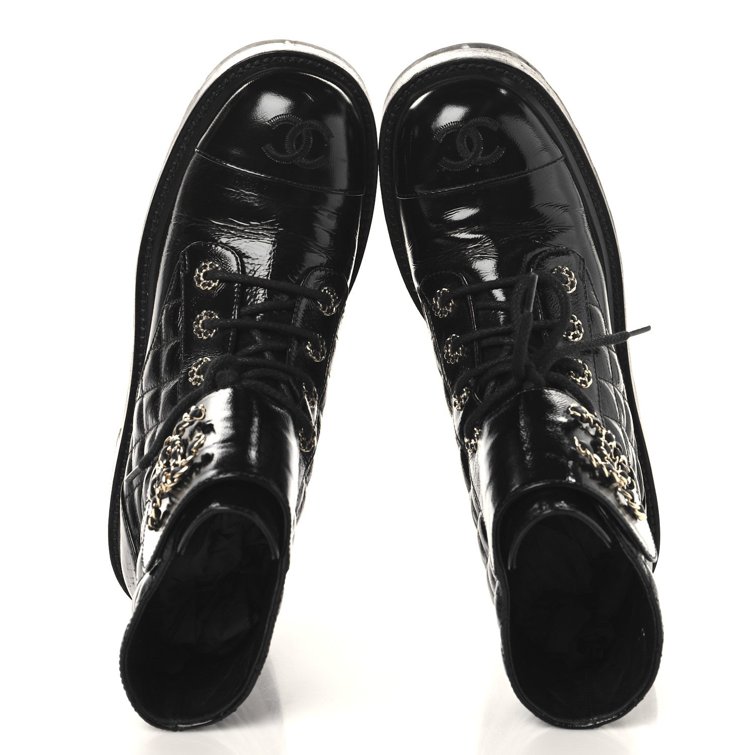 Shiny Calfskin Quilted Lace Up Combat Boots 39 Black
