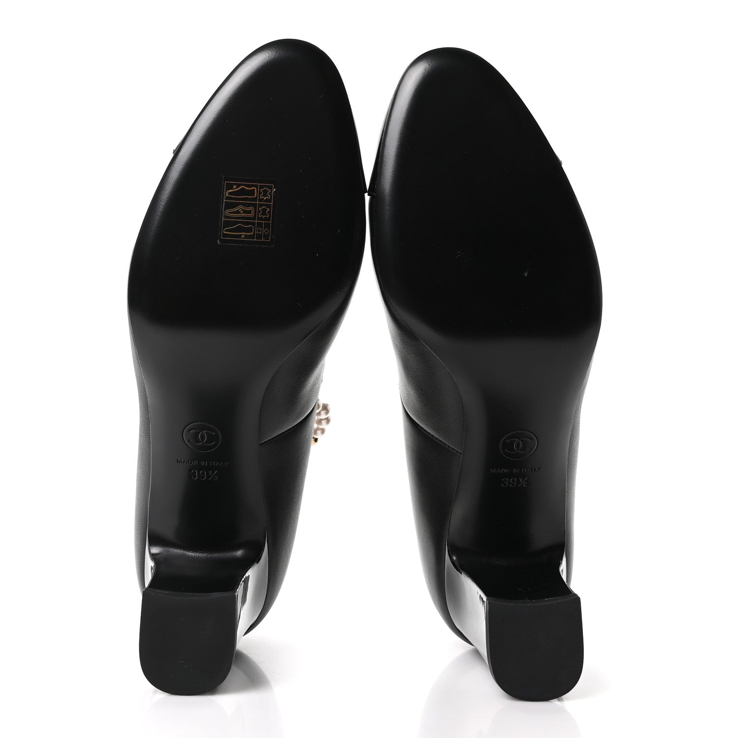 Shiny Lambskin Patent Calfskin Cap Toe Ankle Pearl Chain Pumps 39.5 Black