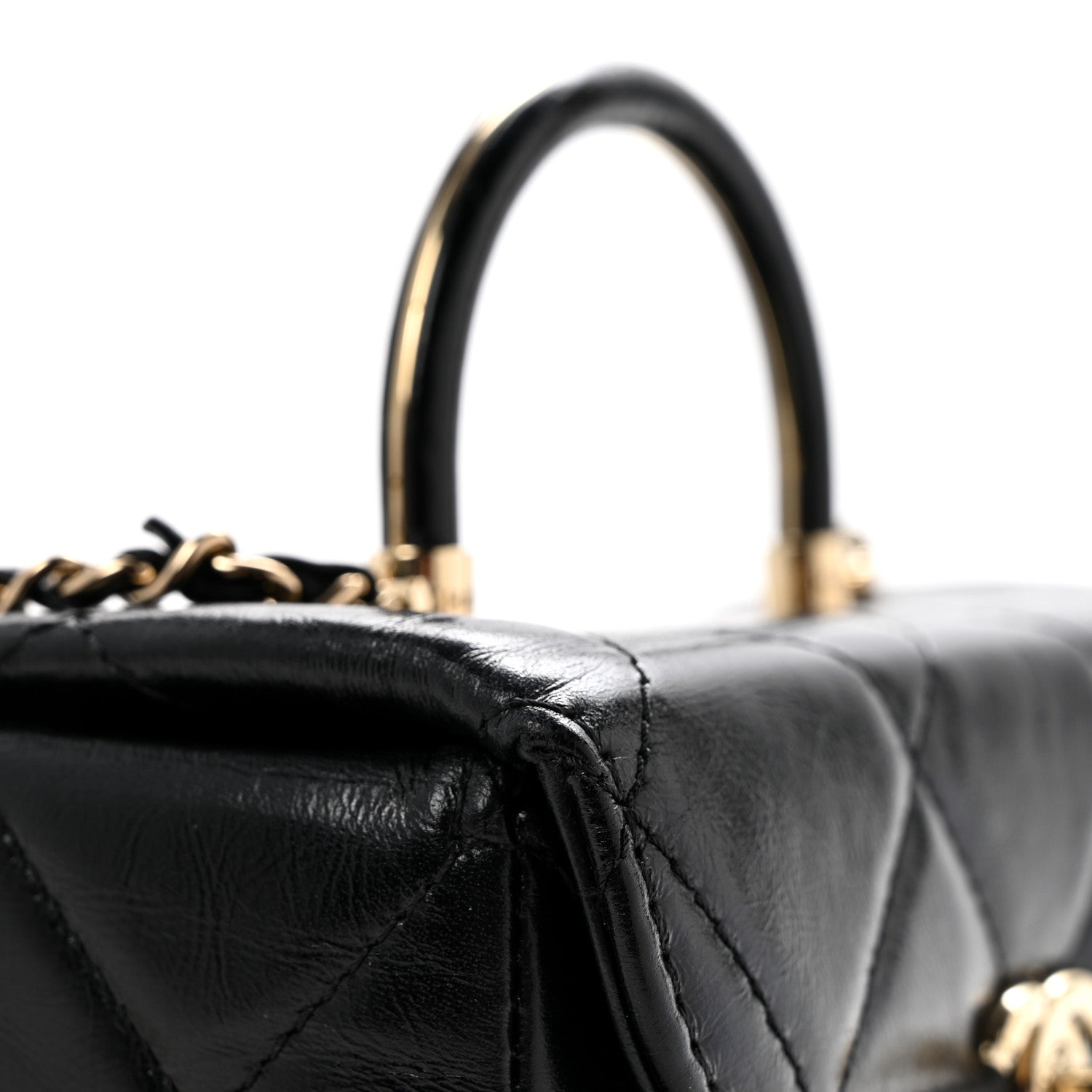 Shiny Calfskin Quilted Top Handle Box Bag Black