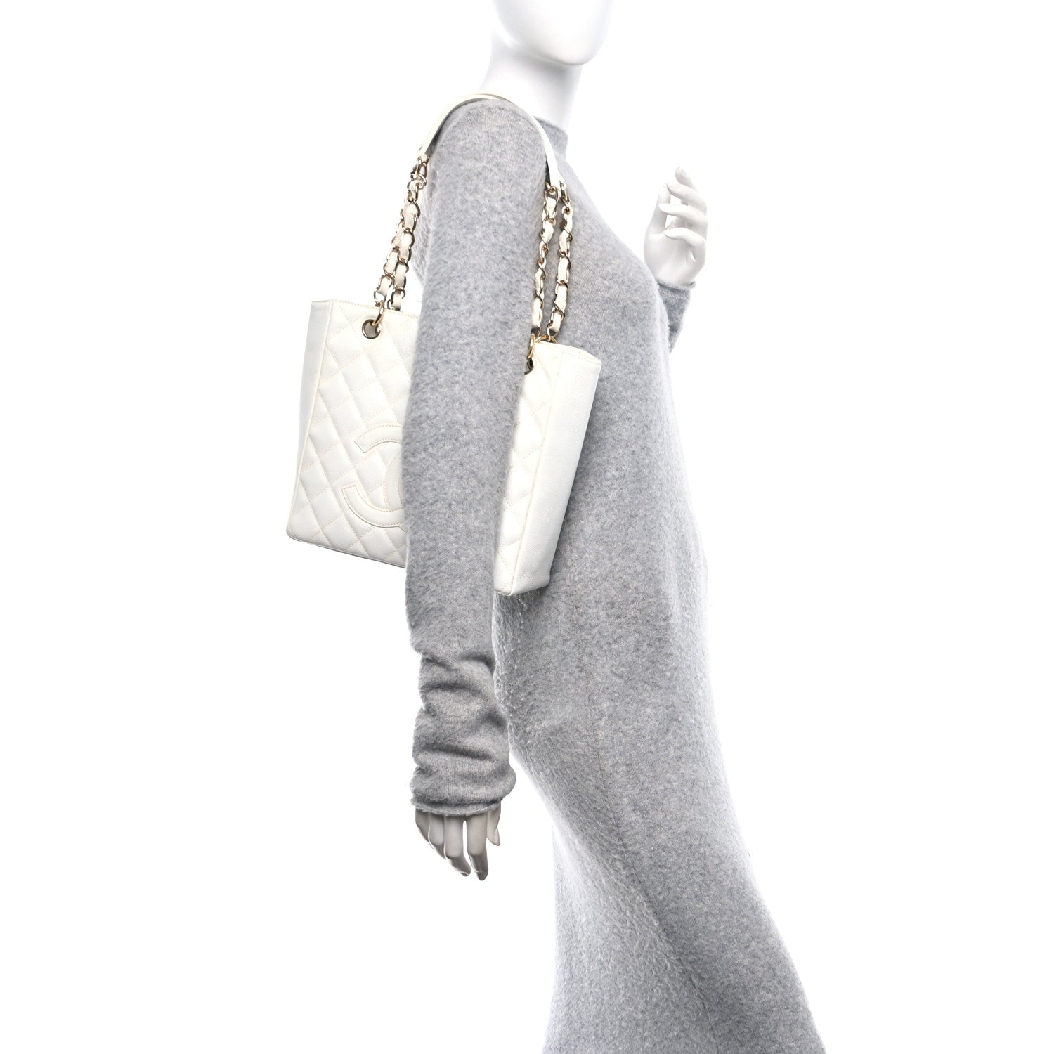 Caviar Quilted Petit Shopping Tote PST White