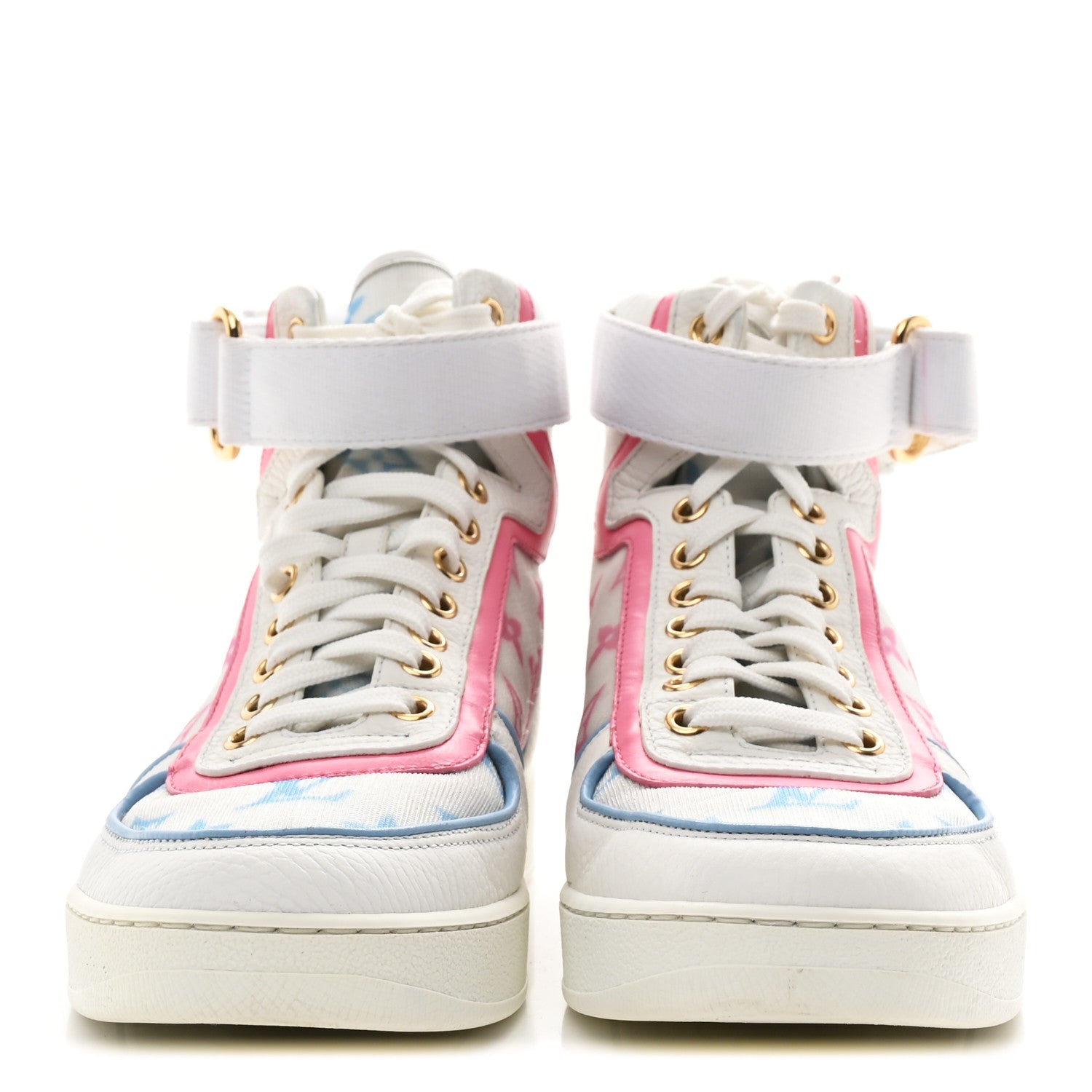 Calfskin Nylon Mesh Monogram Womens Boombox High Top Sneakers 37 Bleu Rose