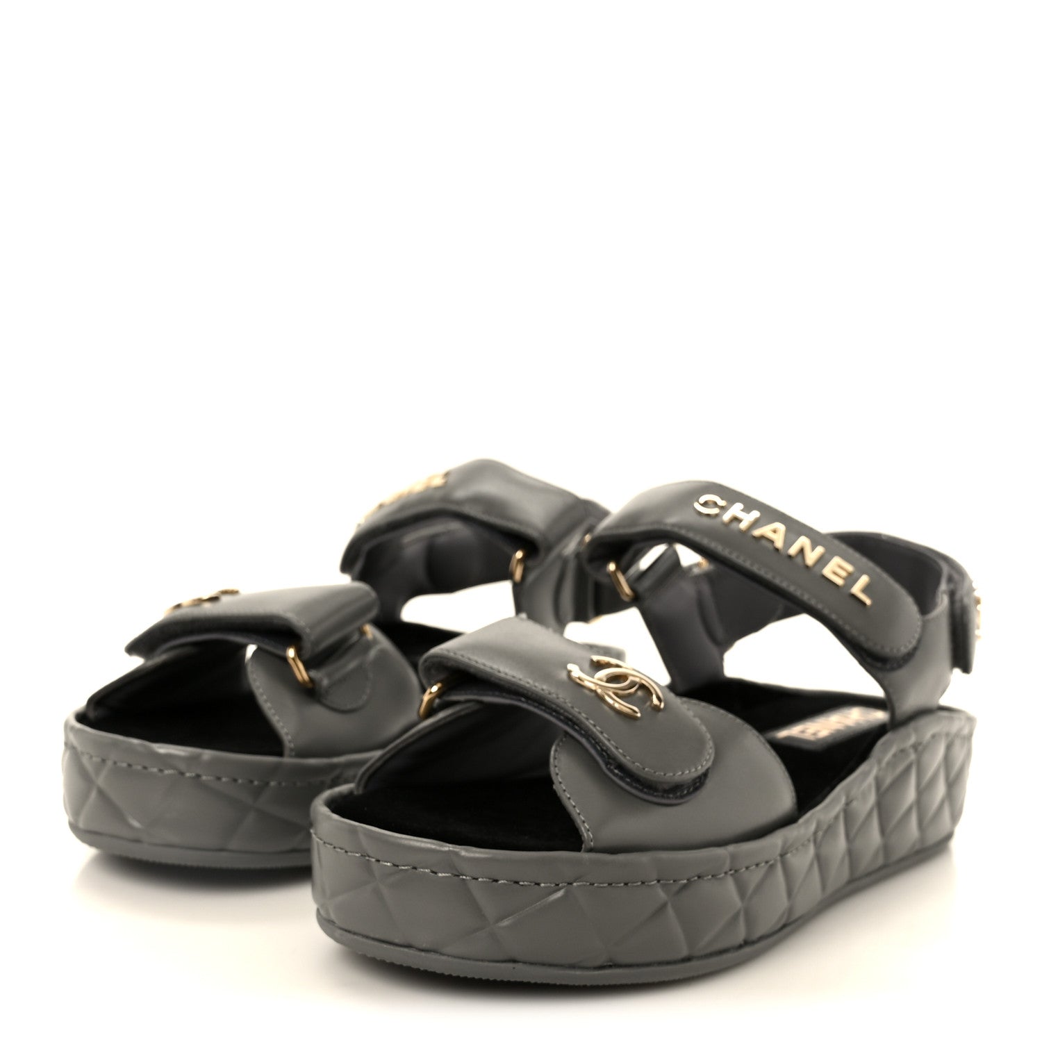 Shiny Calfskin Logo Platform Sandals 36 Grey