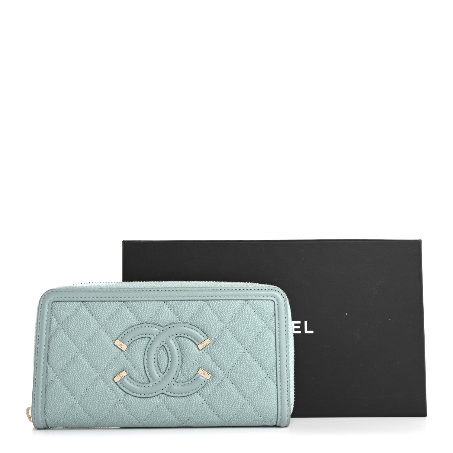 Caviar Quilted Large Filigree Zip Around Wallet Blue