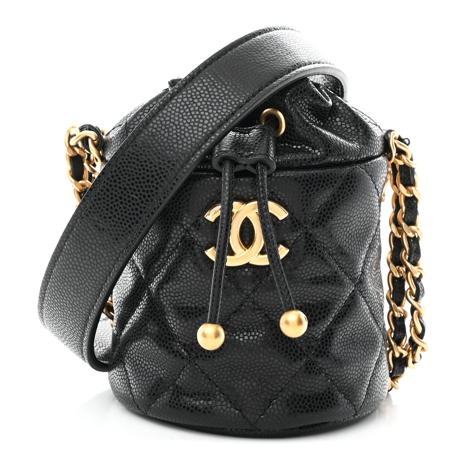 Caviar Quilted Twist Your Buttons Micro Bucket Bag Black