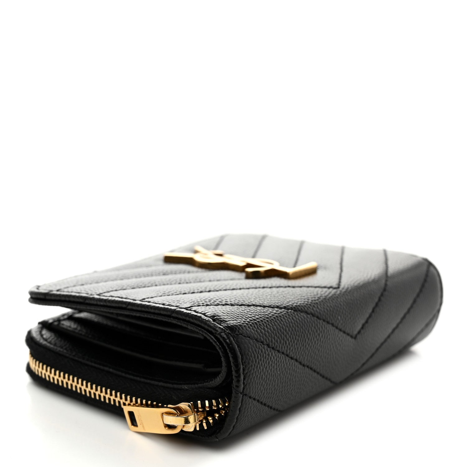 Grain De Poudre Matelasse Chevron Monogram Compact Zip Around Wallet Black