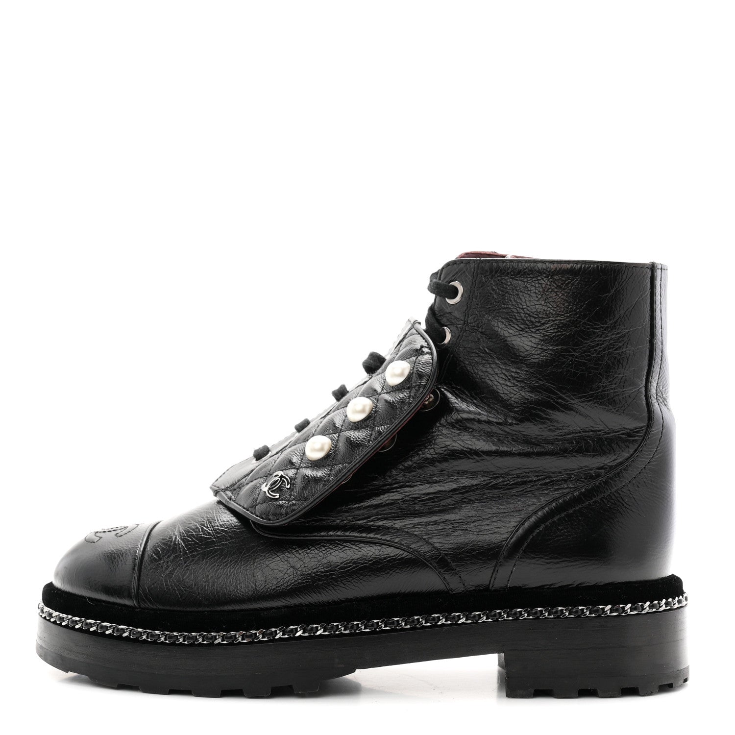 Crackled Calfskin Velvet Pearl Combat Short Boots 38 Black
