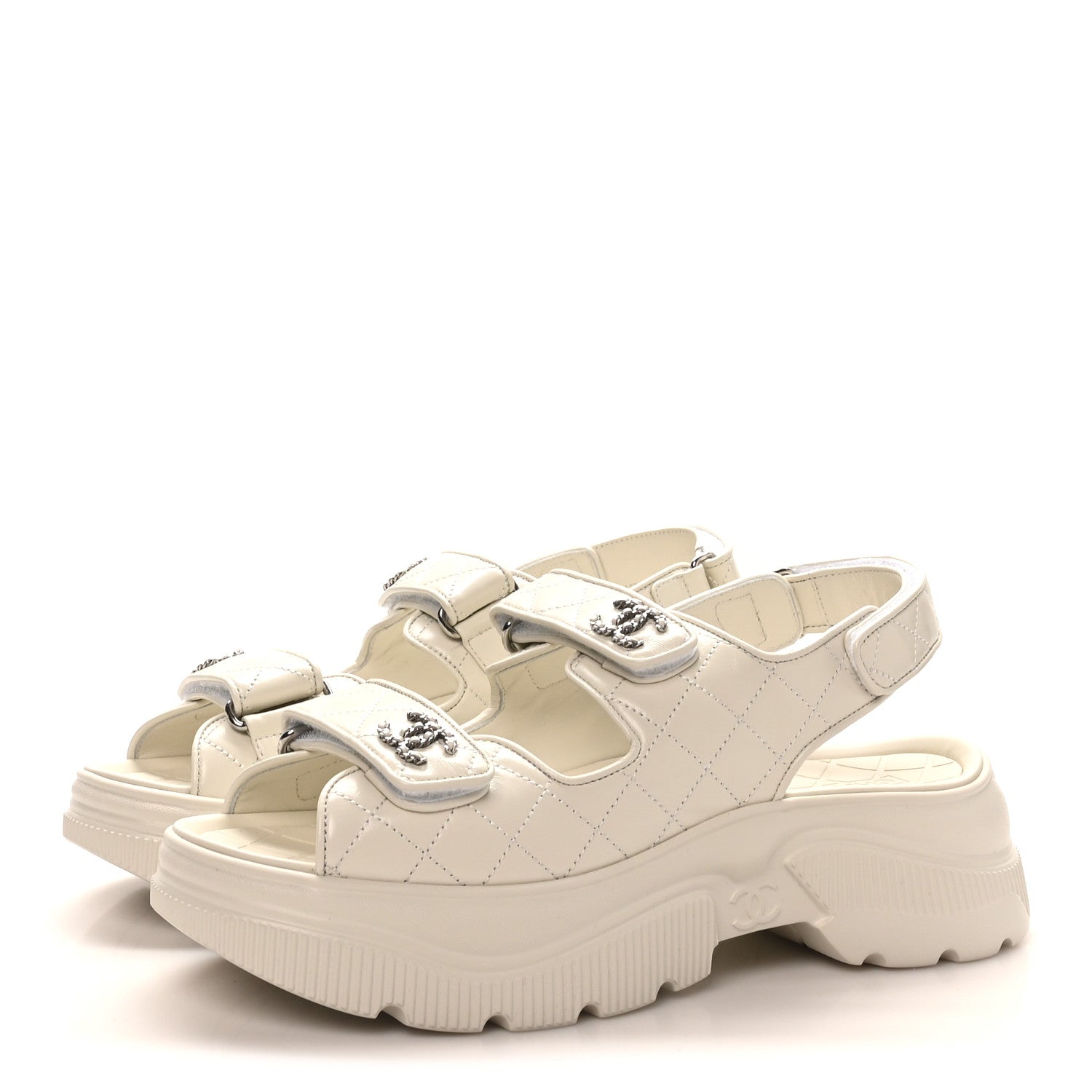 Shiny Calfskin Chain CC Velcro Dad Platform Sandals 39.5 White