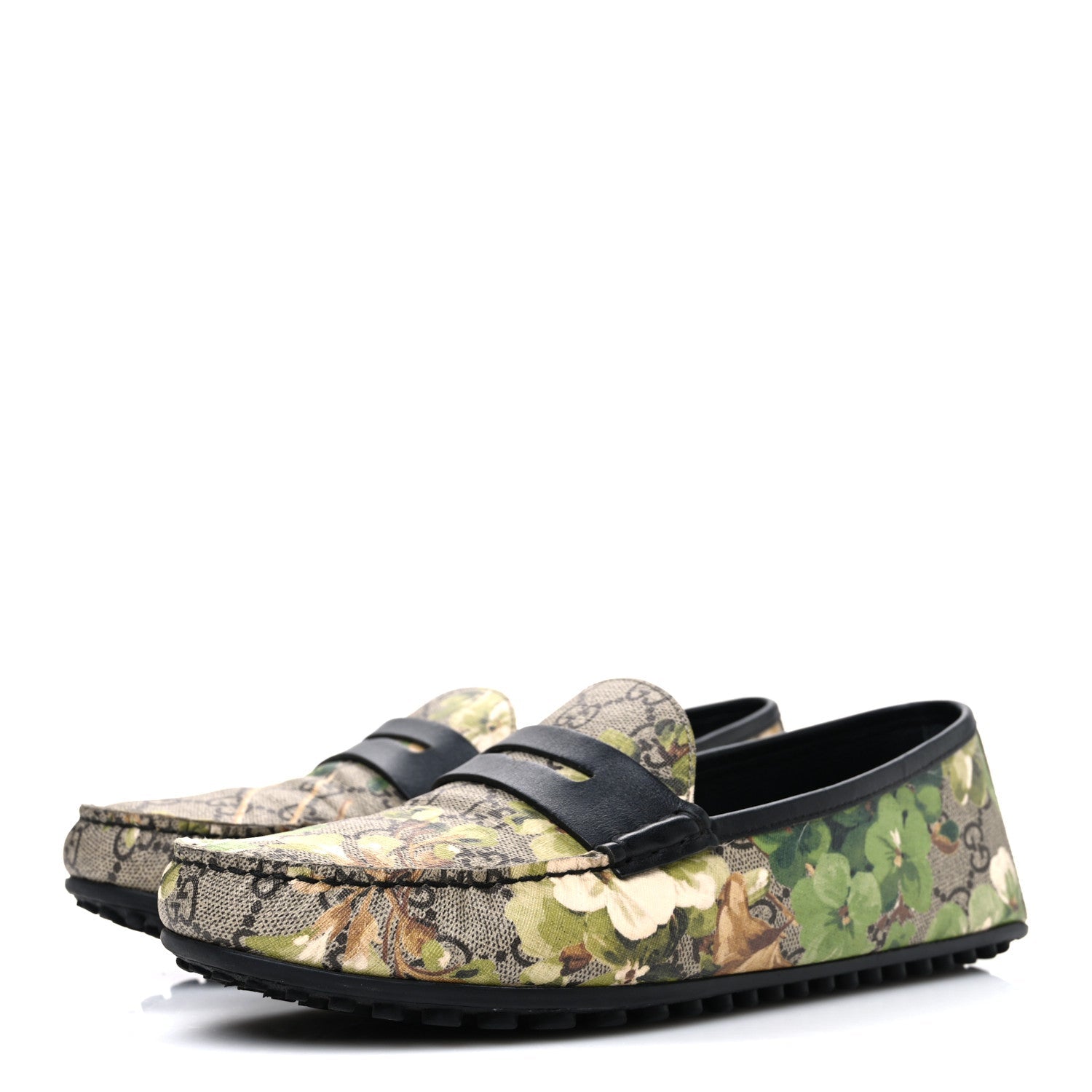 GG Supreme Monogram Blooms Mens Driver Loafers 7 Beige New Military Black