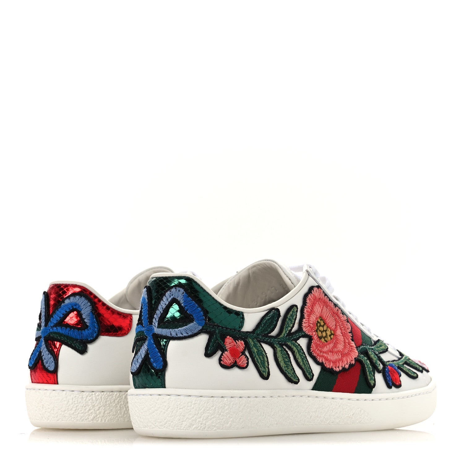 Calfskin Web Floral Embroidered Womens Ace Sneakers 35 White