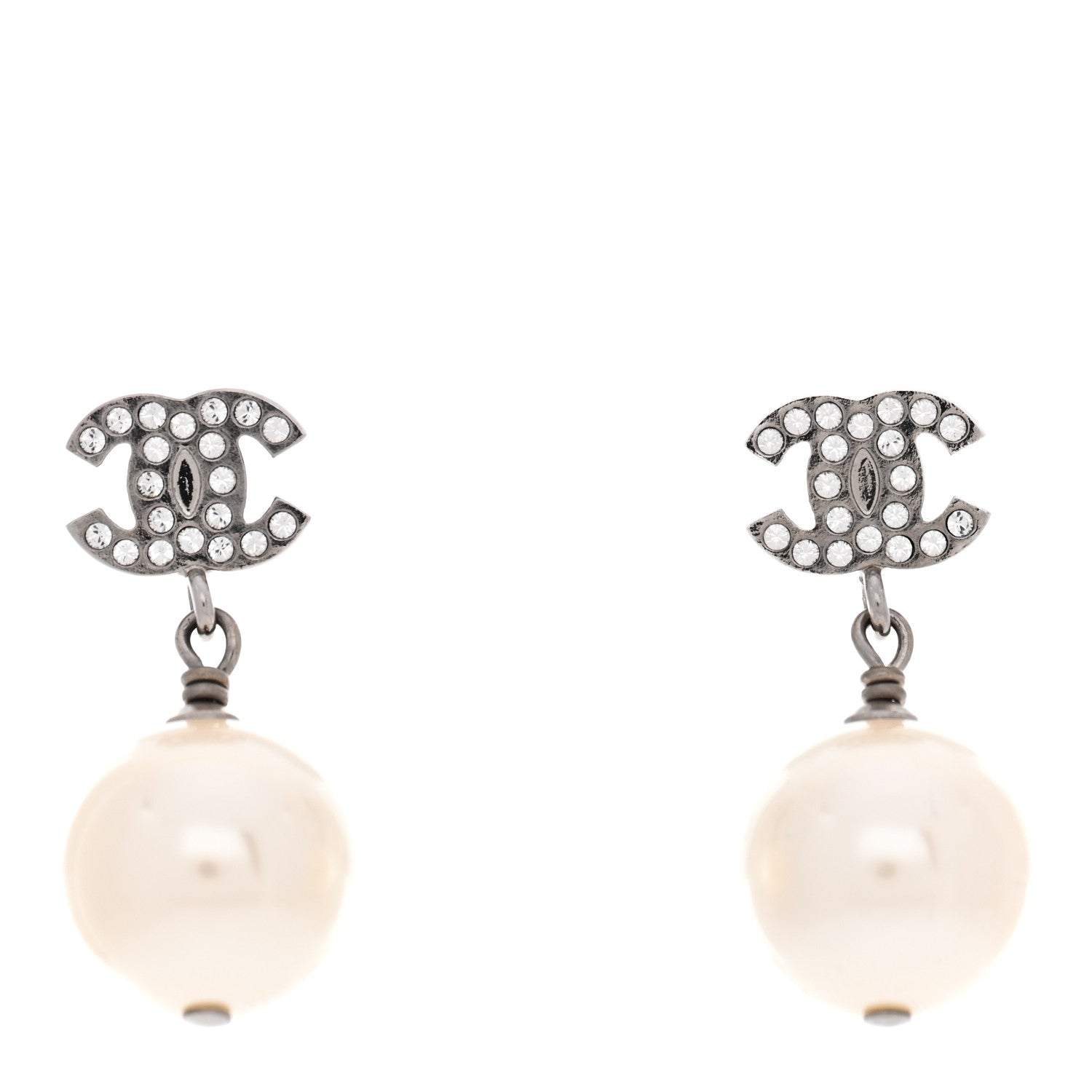 Crystal Pearl CC Drop Earrings Silver Pearly White
