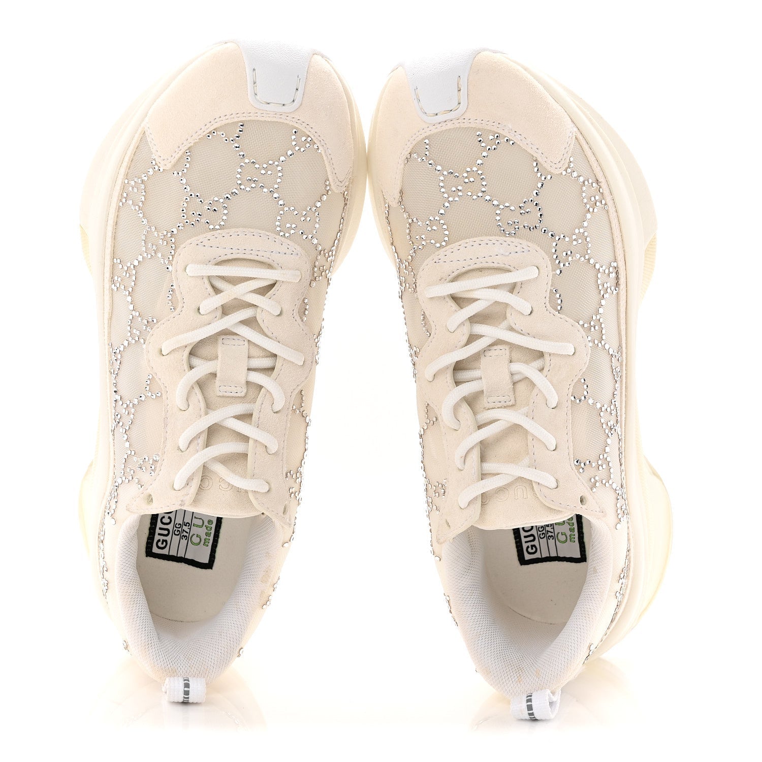 Tela Retino Mesh Crystal Suede GG Monogram Womens Gucci Run Sneakers 37.5 Off White Silver
