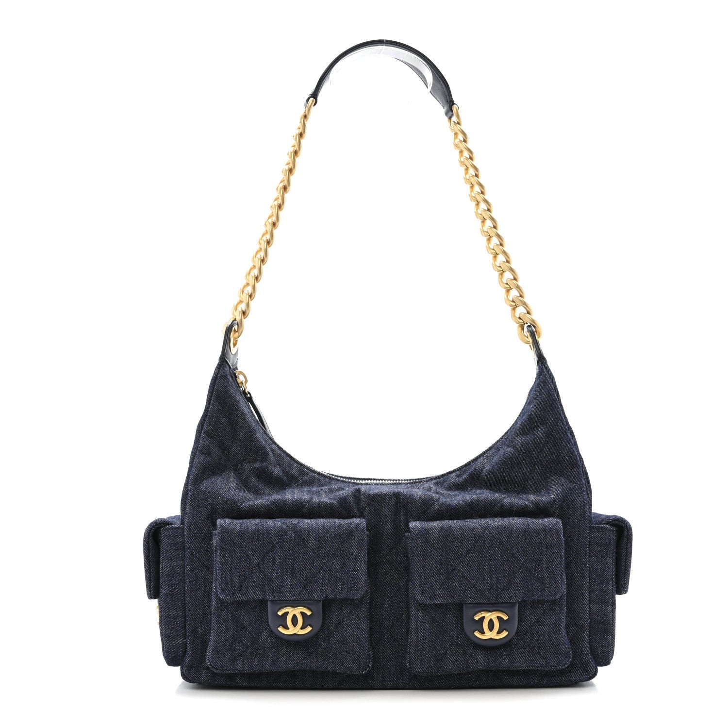 Washed Denim Quilted Maxi Trendy Pockets Hobo Dark Blue