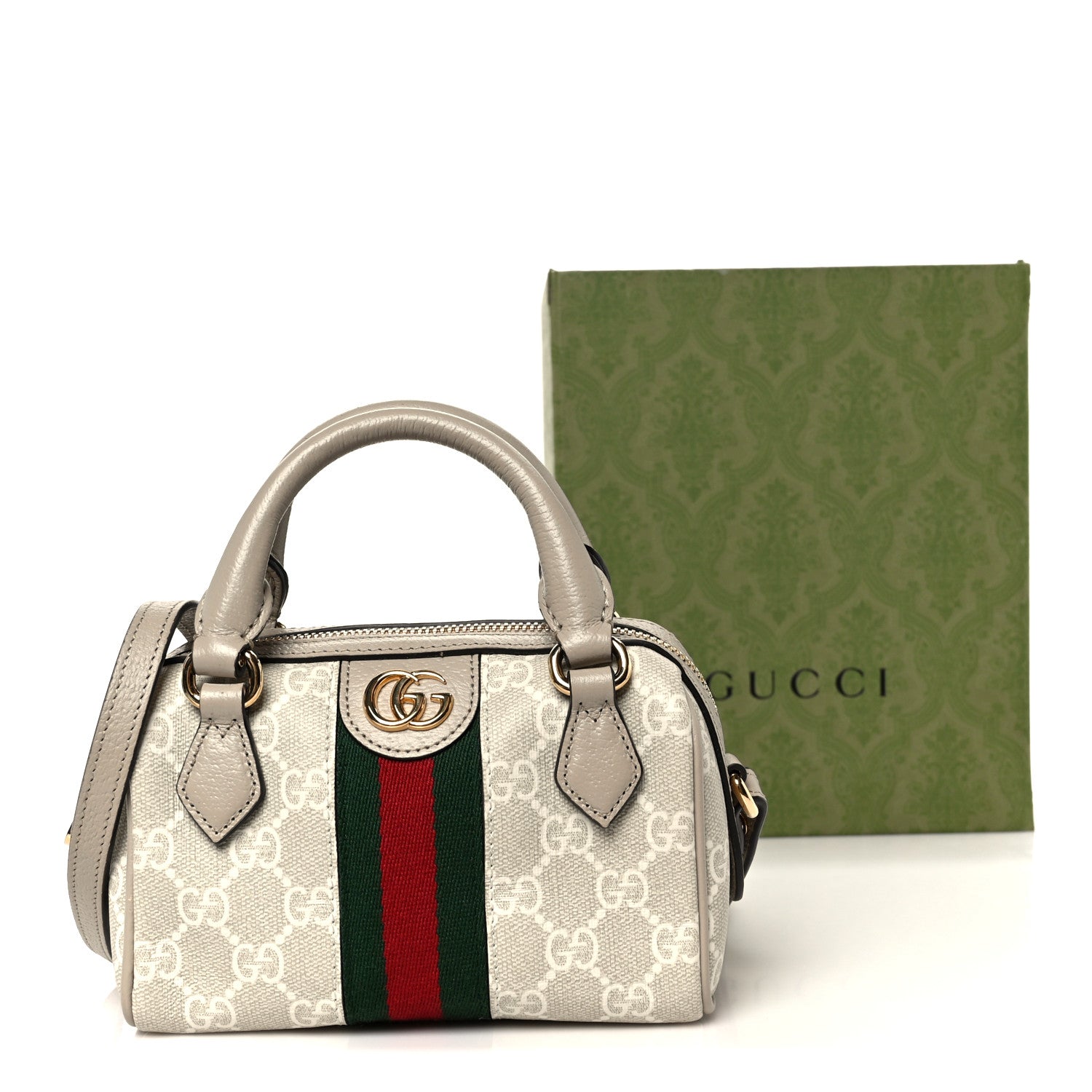 GG Supreme Monogram Textured Dollar Calfskin Web Super Mini Ophidia Top Handle Bowler Bag Beige Mystic White Oatmeal