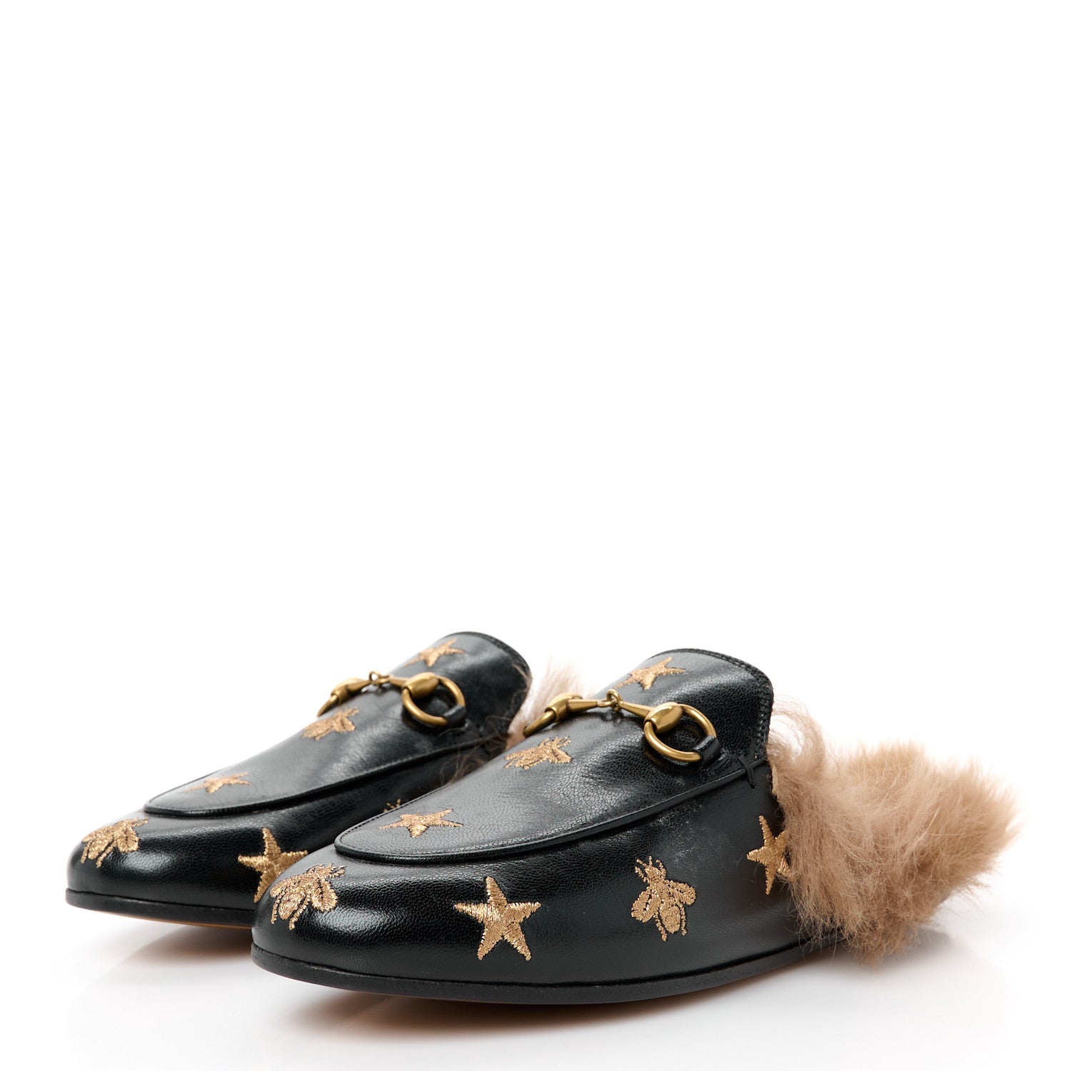 Goatskin Fur Bee Star Embroidered Womens Princetown Slippers 35.5 Black