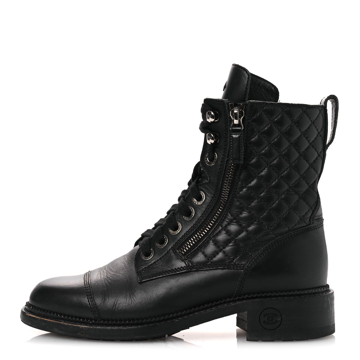 Calfskin Quilted Lace Up Combat Boots 37.5 Black