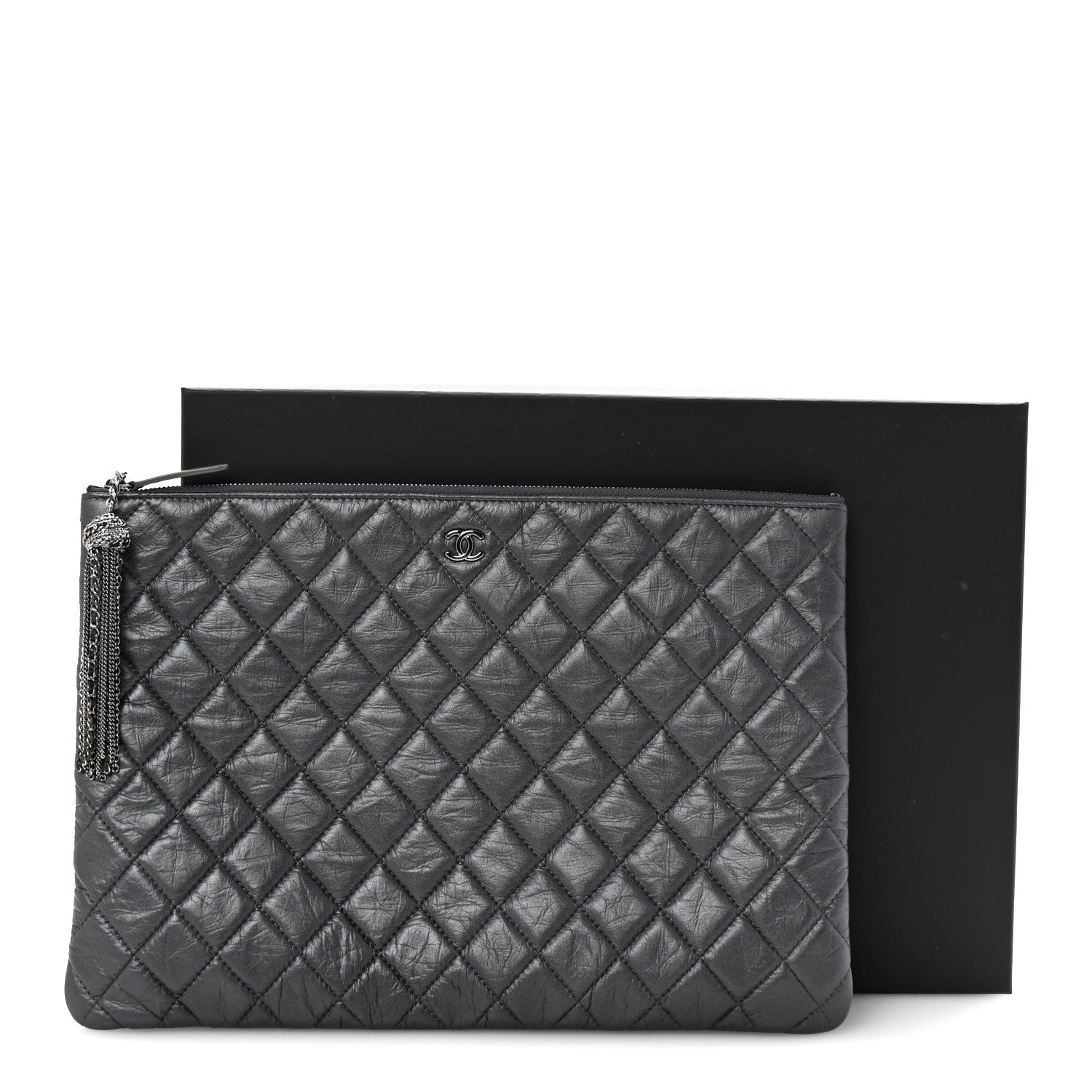 Aged Calfskin Quilted Large Tassel Cosmetic Case Dark Grey