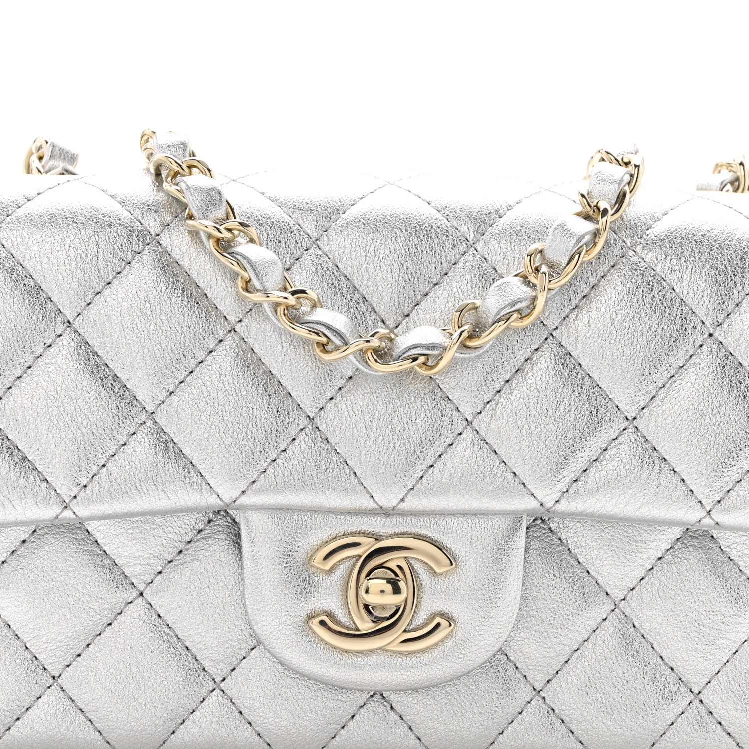 Metallic Calfskin Quilted Mini Rectangular Flap Silvery