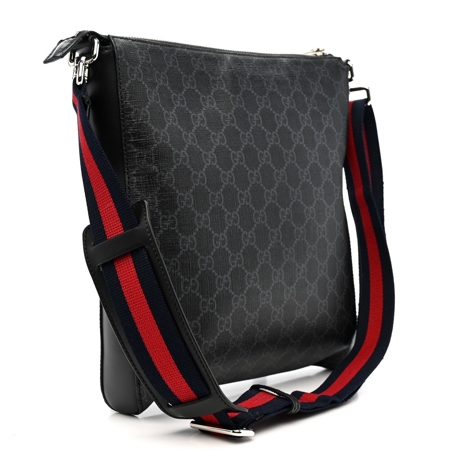 GG Supreme Monogram Appia Calfskin Web Flat Messenger Bag Black Grey