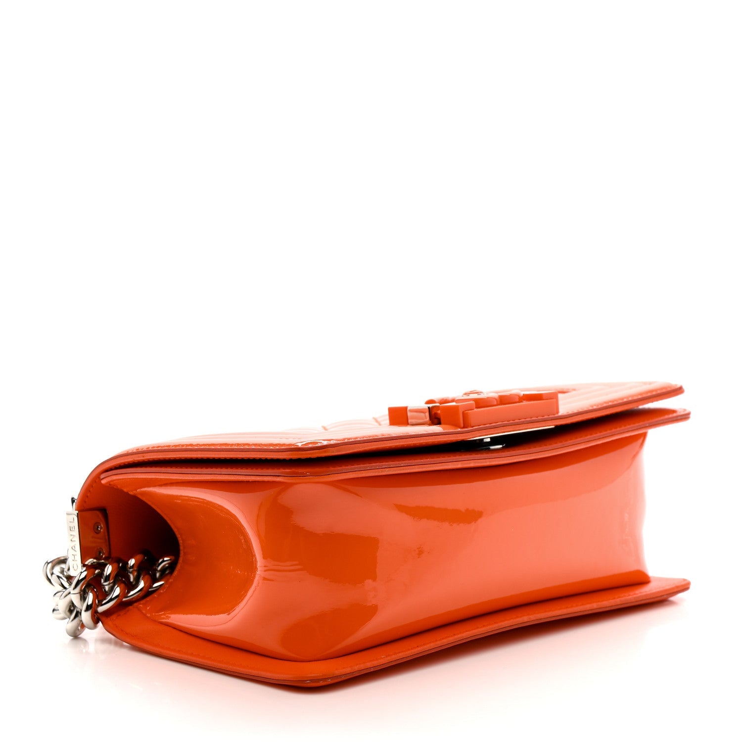 Patent Calfskin Quilted Small Plexiglass Boy Flap Orange