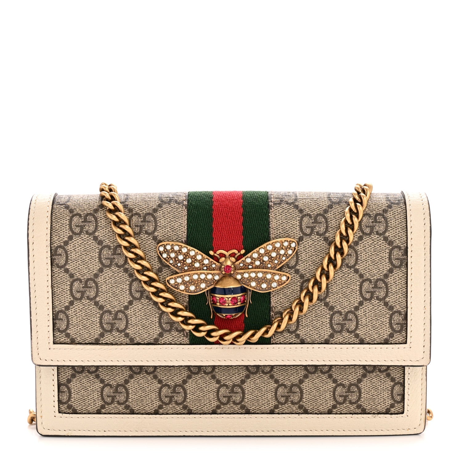 GG Supreme Monogram Web Queen Margaret Chain Wallet White