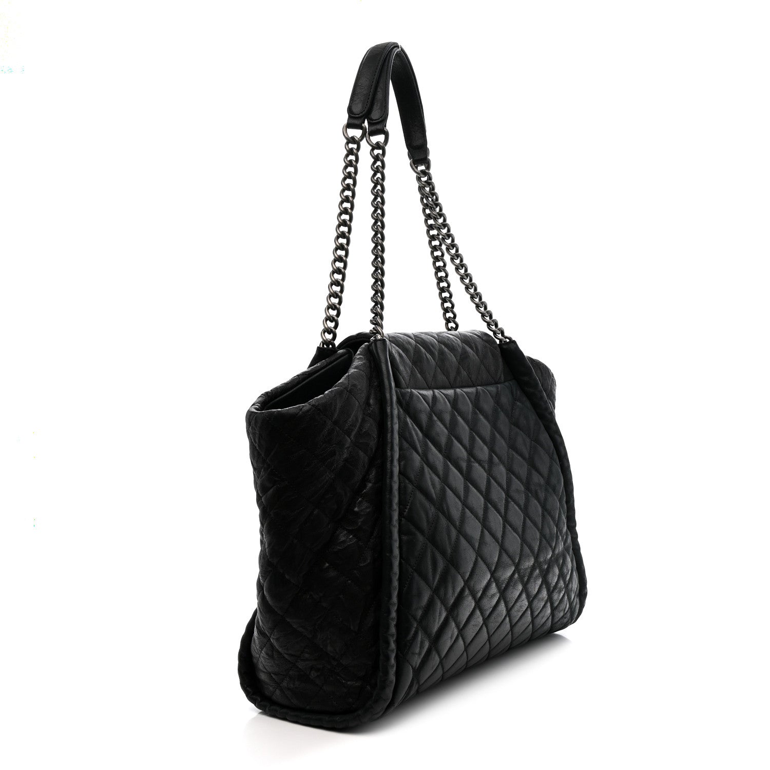 Crumpled Calfskin Iridescent Calfskin Hidden Chain Large Quilted Shopping Tote Black