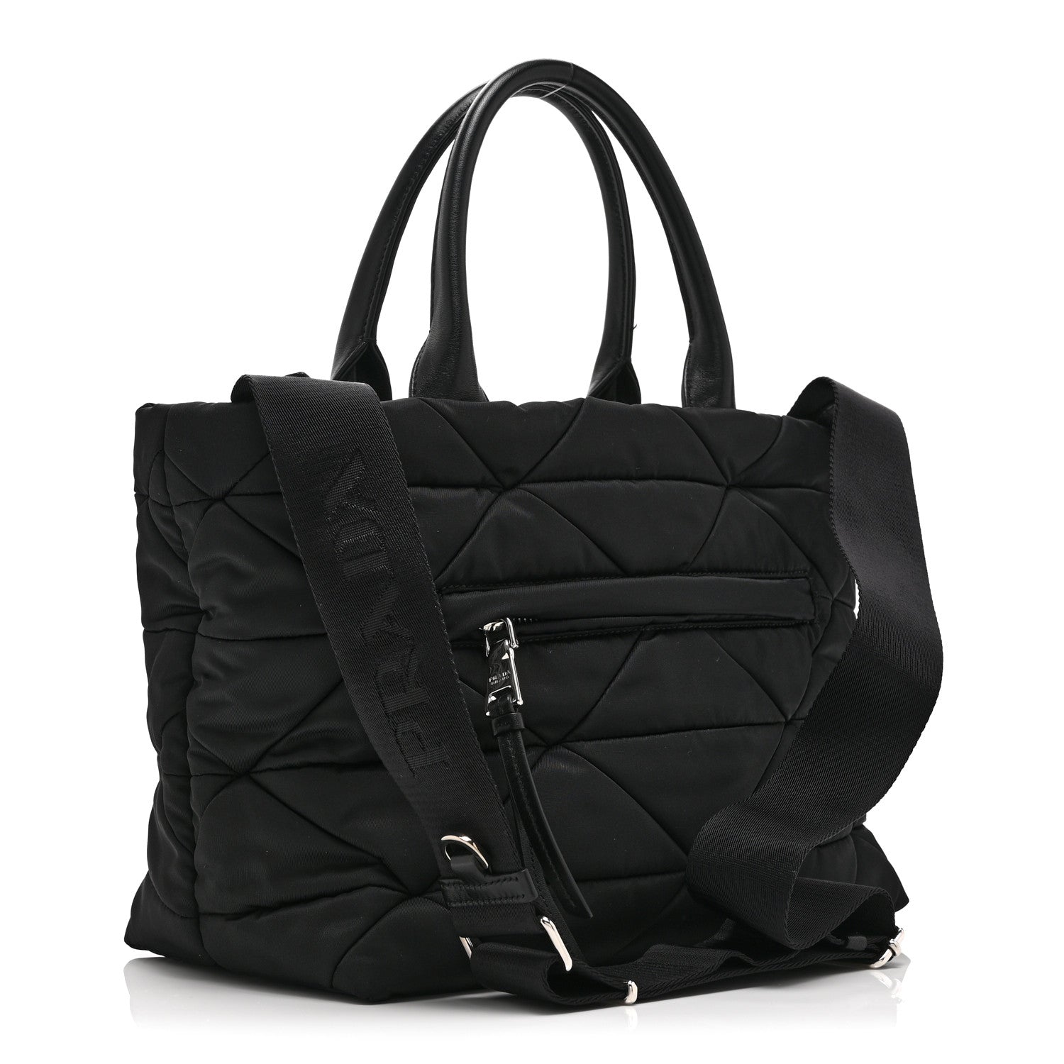 Re-Nylon Nappa Triangle Quilted Padded Small Double Handled Zip Tote Black