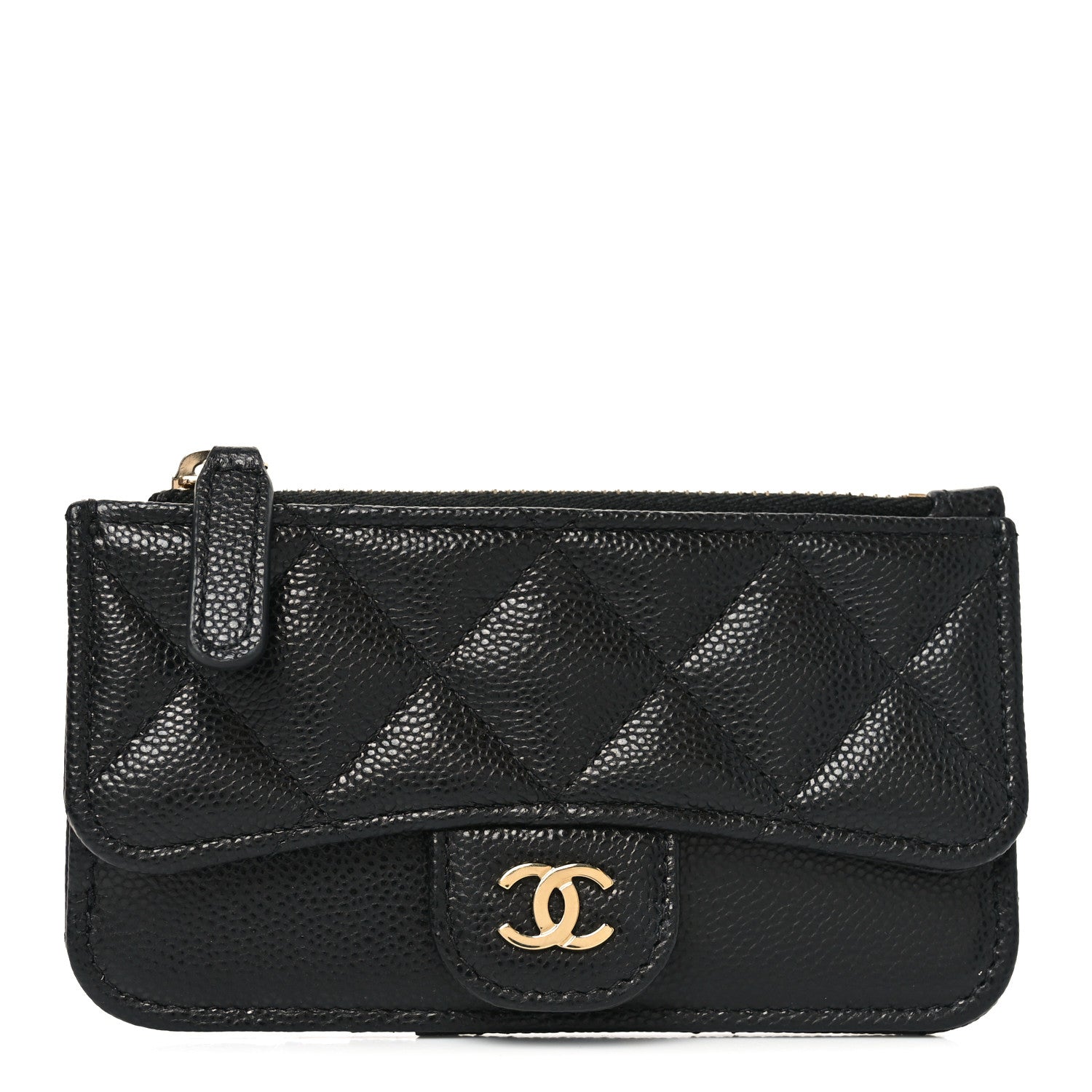 Caviar Quilted Flap Zip Card Holder Black