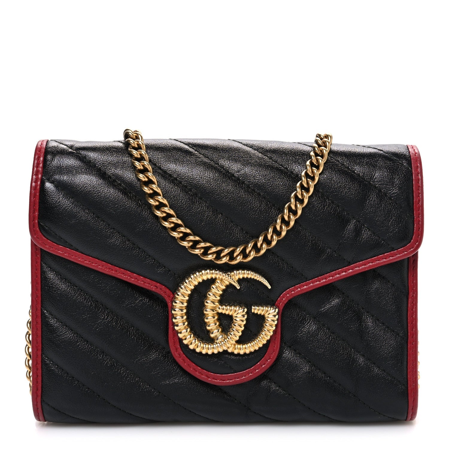 Vintage Effect Calfskin Matelasse Diagonal Torchon GG Marmont Chain Wallet Black Romantic Cherry