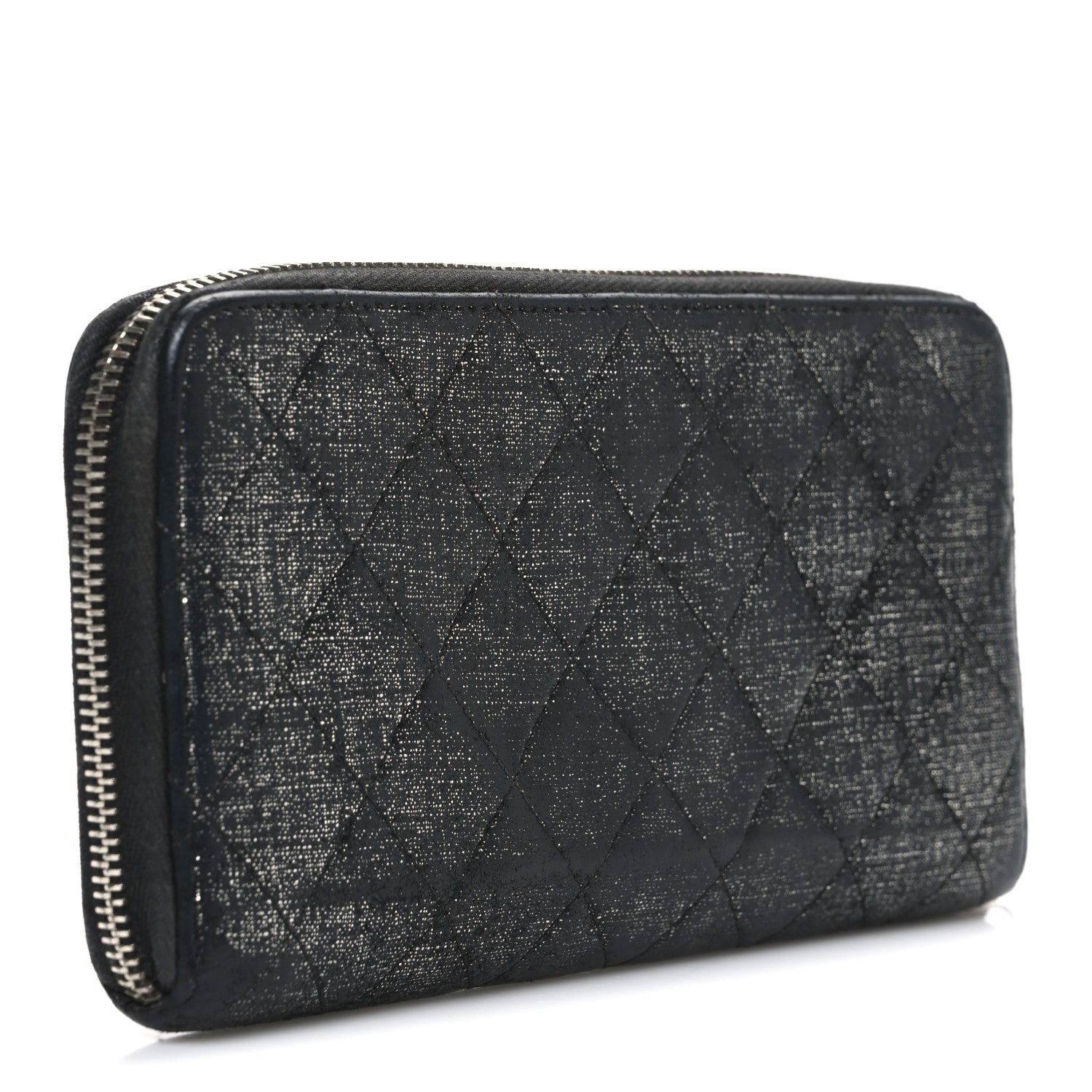 Iridescent Calfskin Quilted Zip Around Wallet Grey