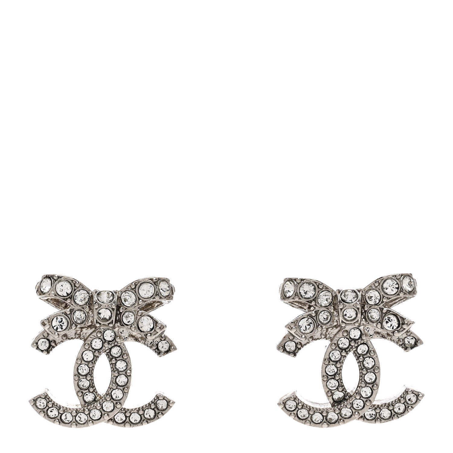 Crystal CC Bow Dangle Earrings Silver