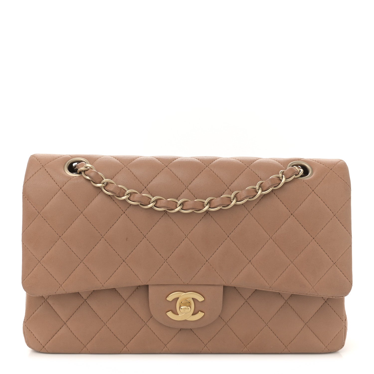 Lambskin Quilted Medium Double Flap Brown