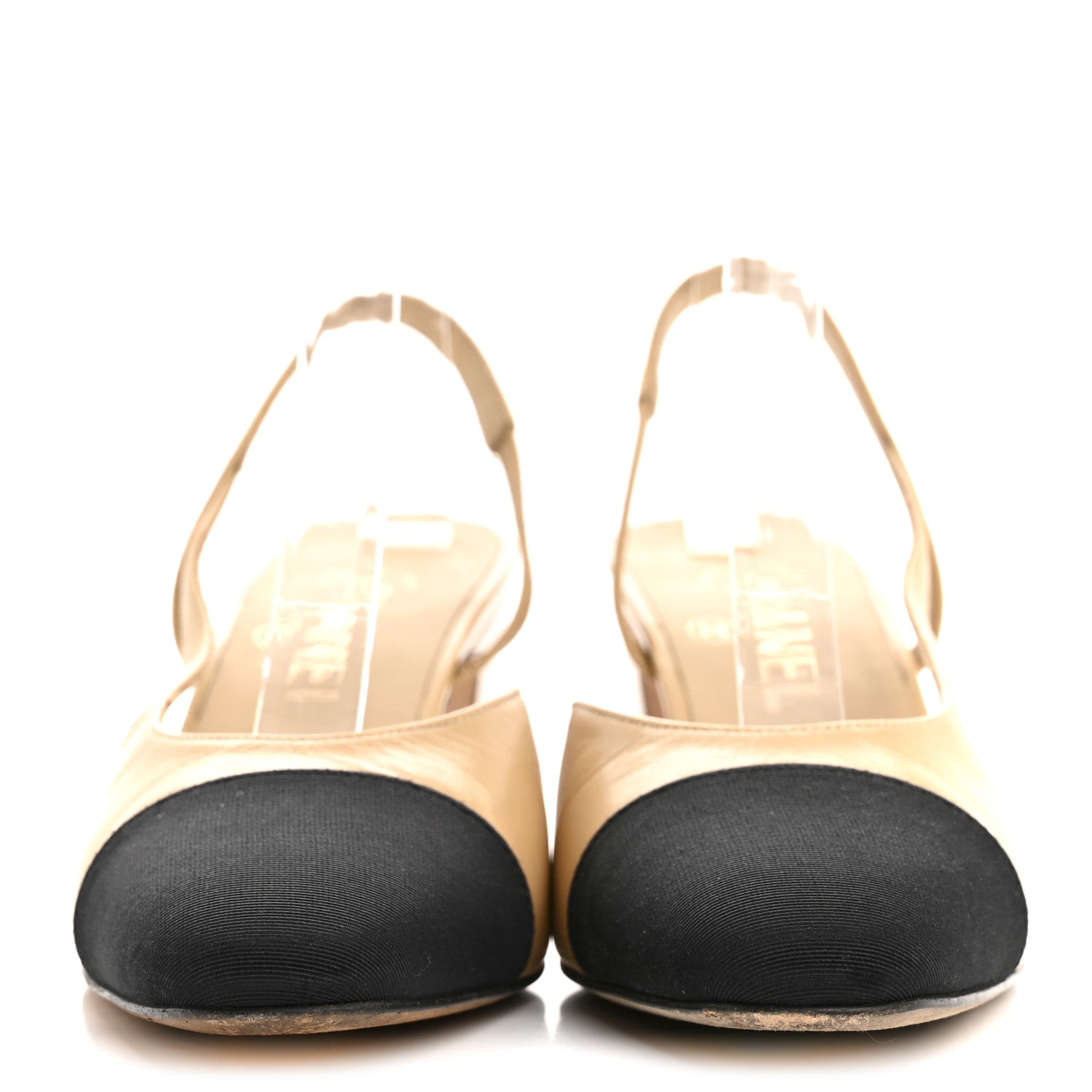 Goatskin Grosgrain Cap Toe CC Slingback Pumps 37.5 Beige Black