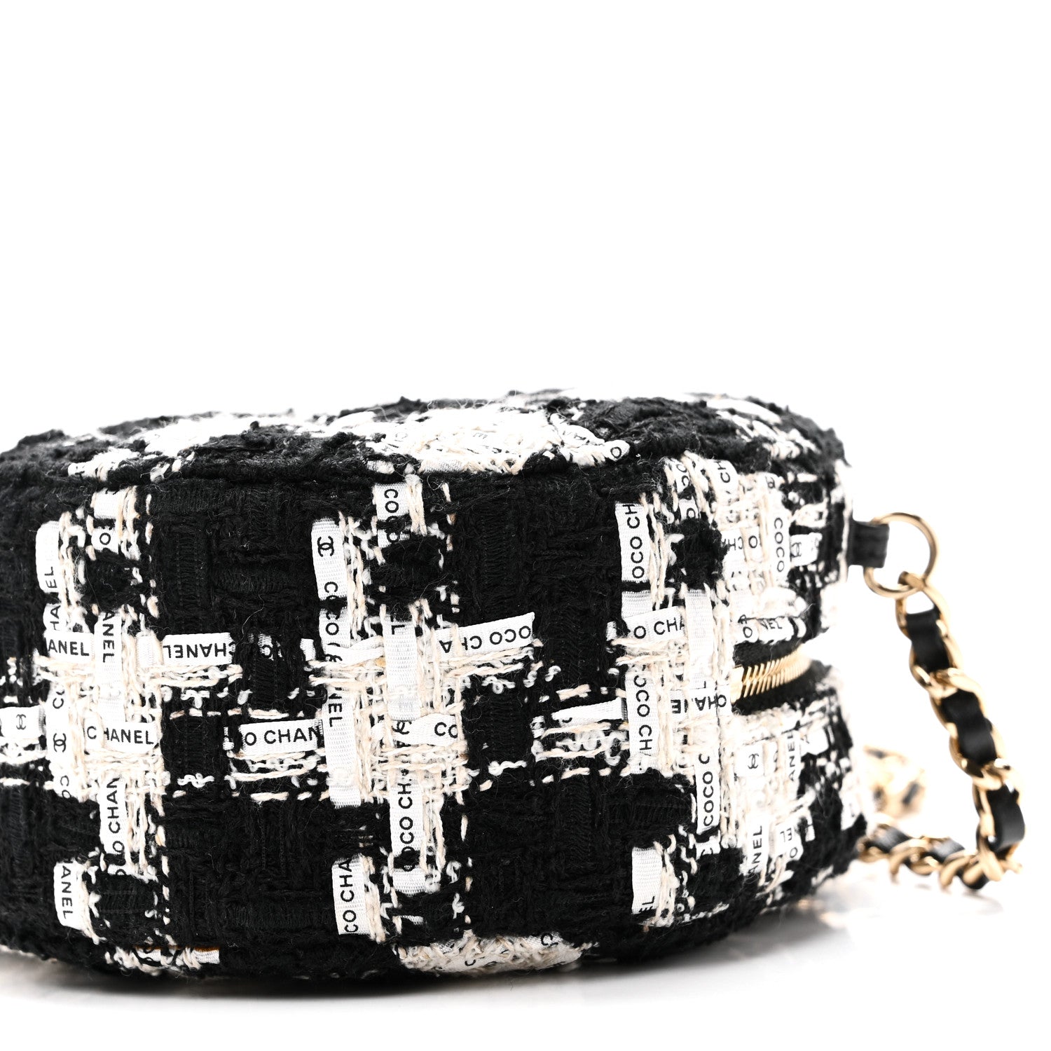 Tweed Quilted Round Clutch With Chain Black Ecru White