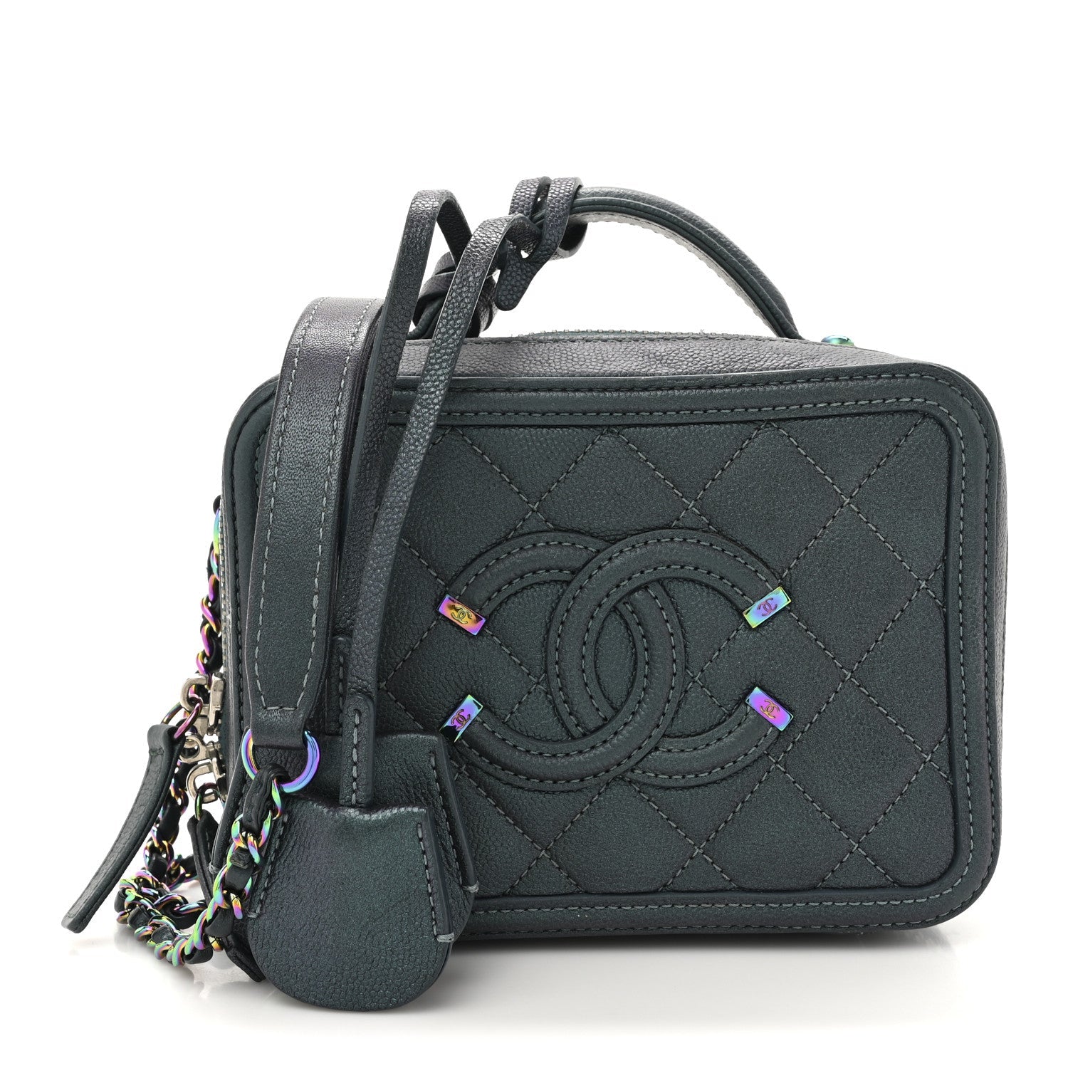 Iridescent Caviar Quilted Small CC Filigree Vanity Case Dark Turquoise