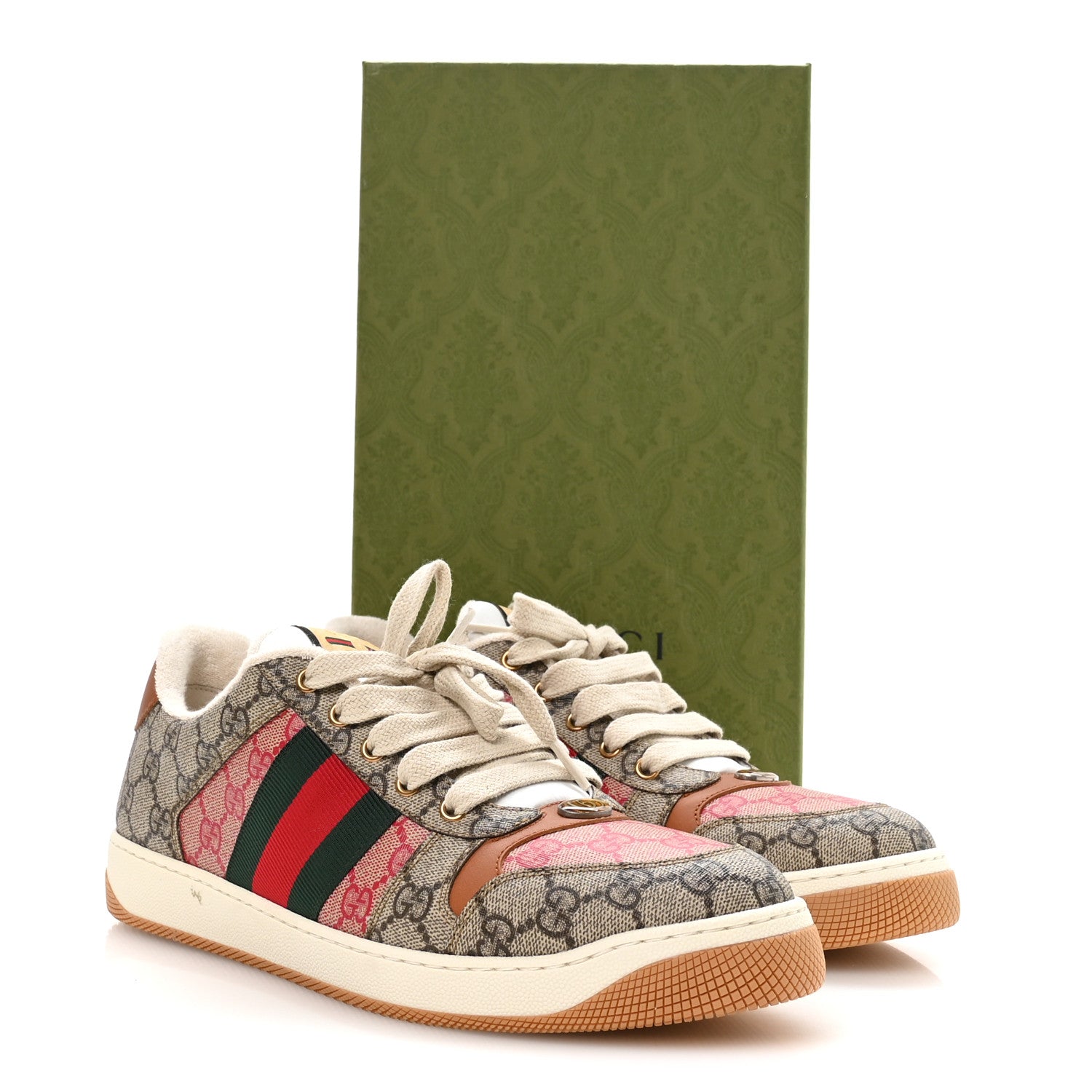 GG Supreme Monogram Harness Calfskin Web Mens Screener Sneakers 10.5 Beige Ebony Rosso Harness Brown
