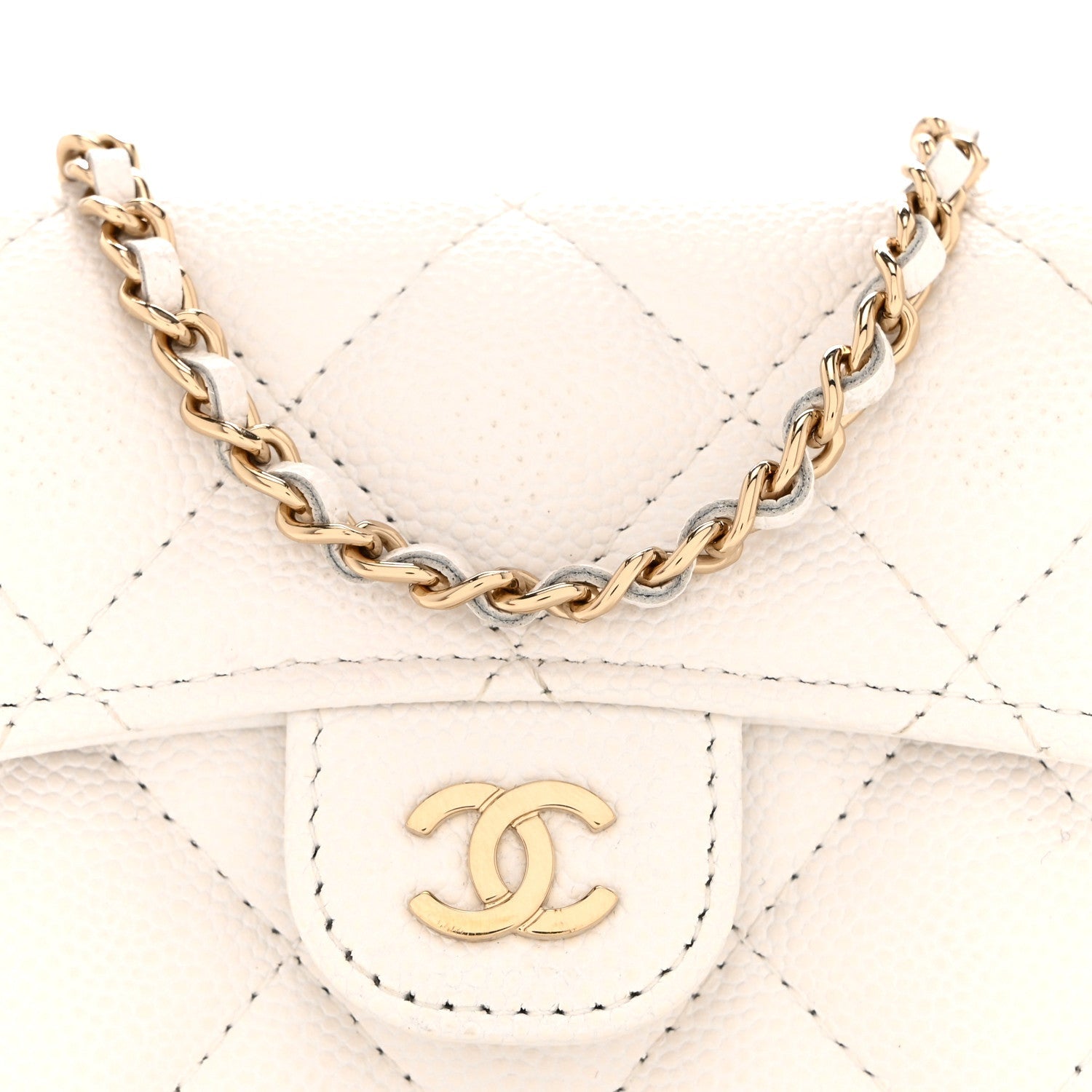 Caviar Quilted Flap Card Holder On Chain White