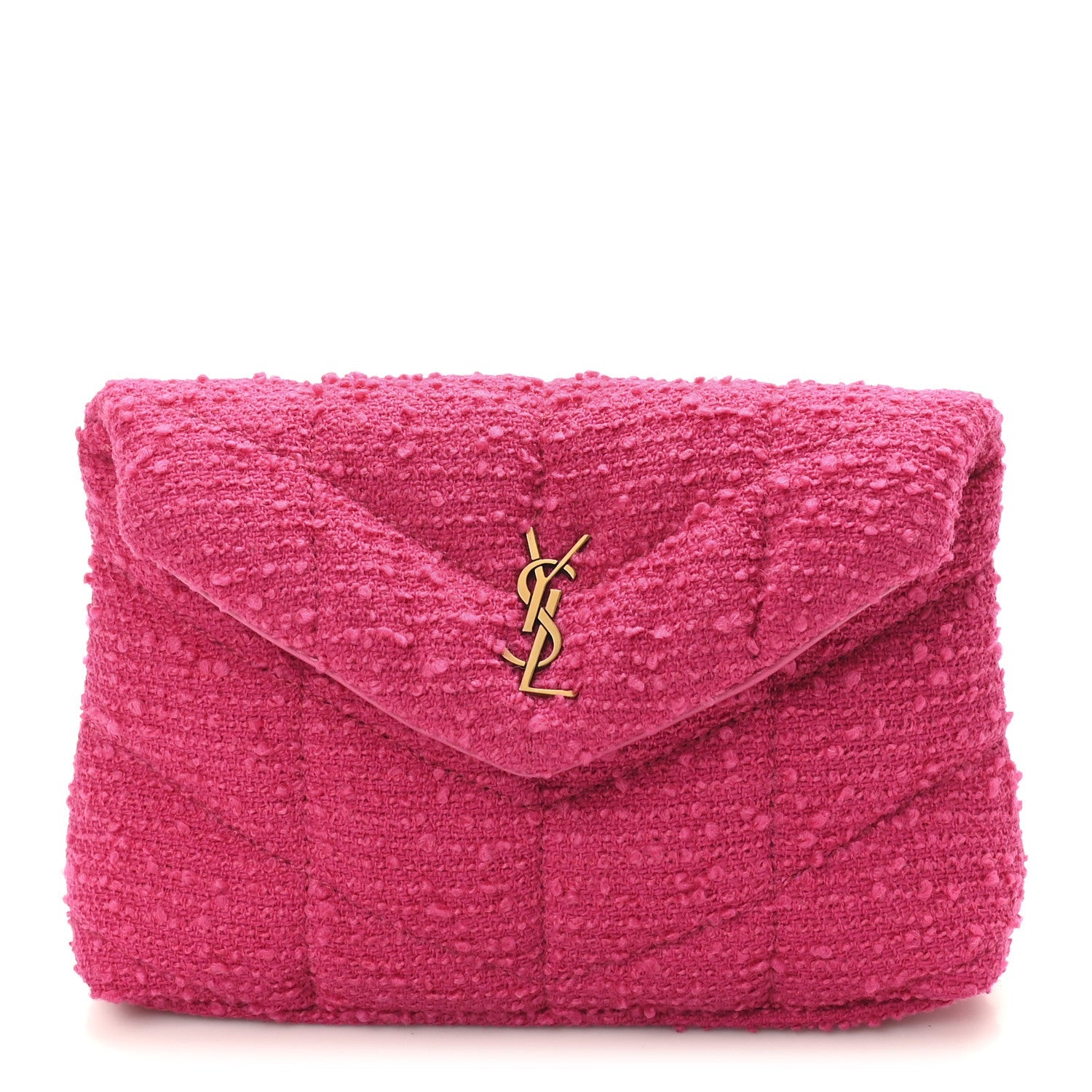 Boucle Tweed Quilted Loulou Puffer Monogram Pouch Clutch Magenta