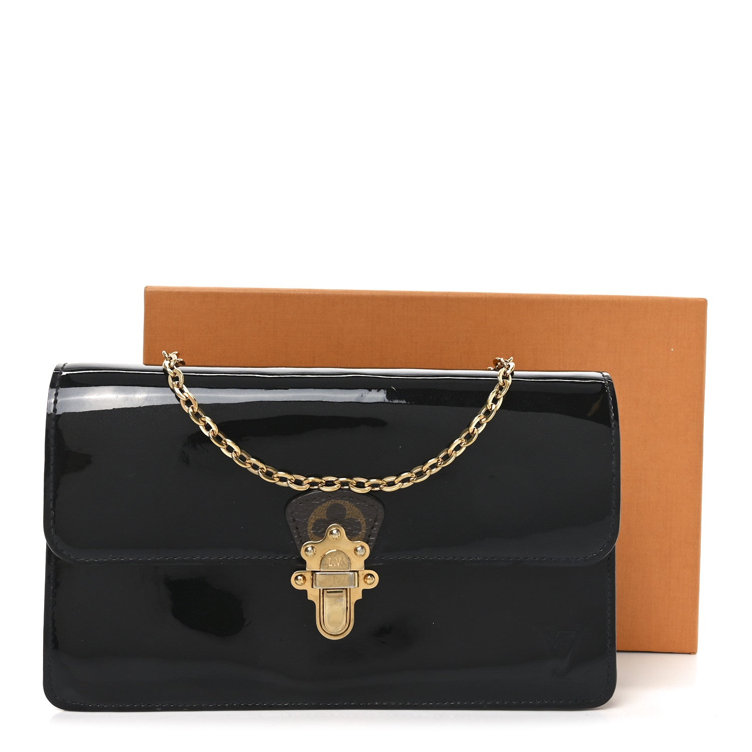 Patent Calfskin Monogram Cherrywood Chain Wallet Black