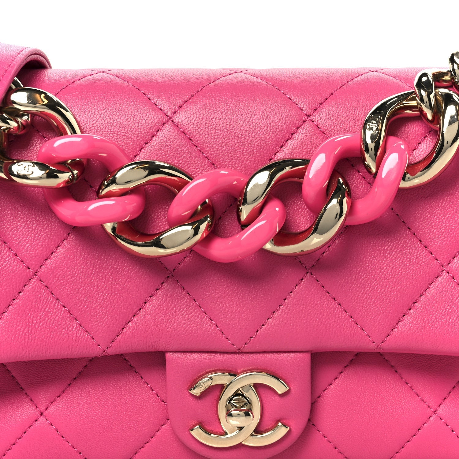 Lambskin Quilted Resin Bi-Color Chain Flap Bag Pink