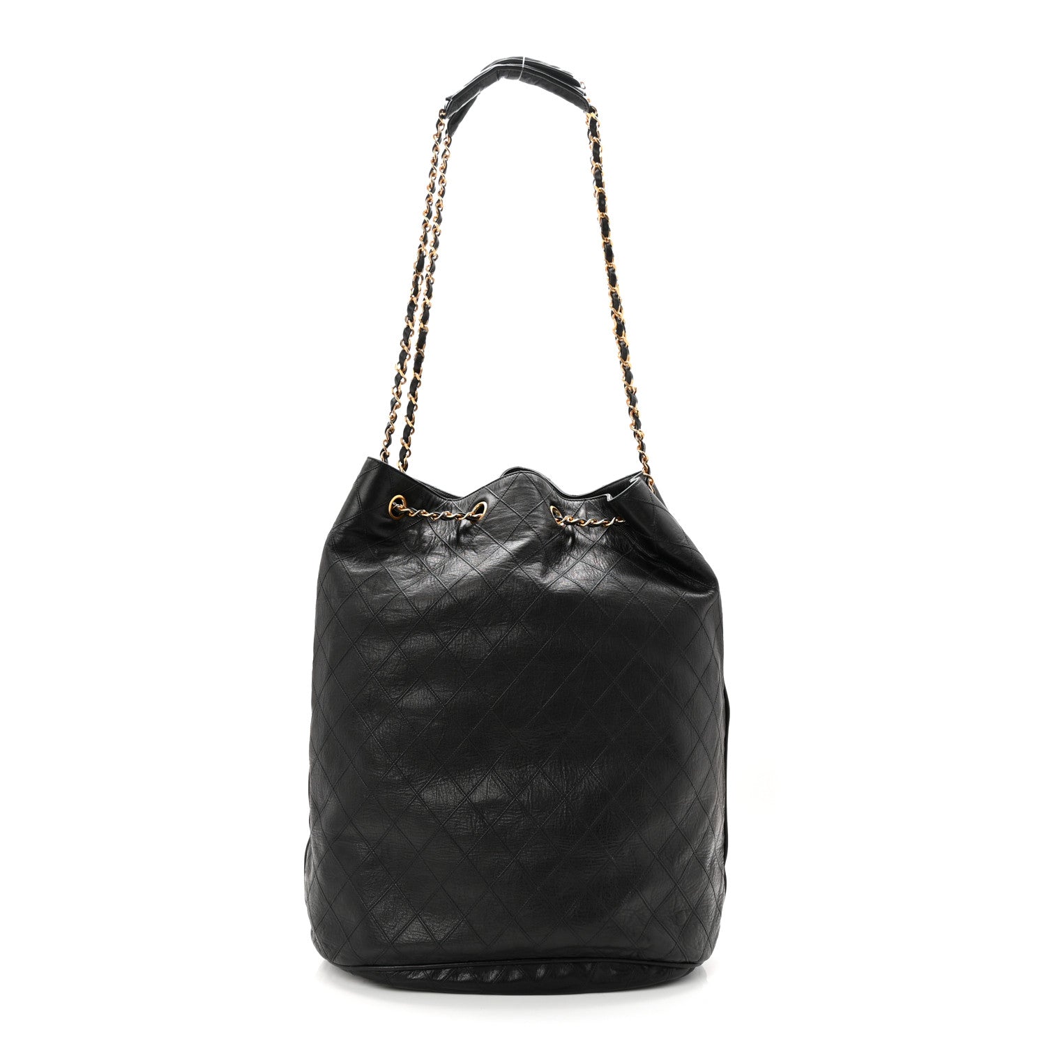 Grained Calfskin Quilted Drawstring Bucket Bag Black