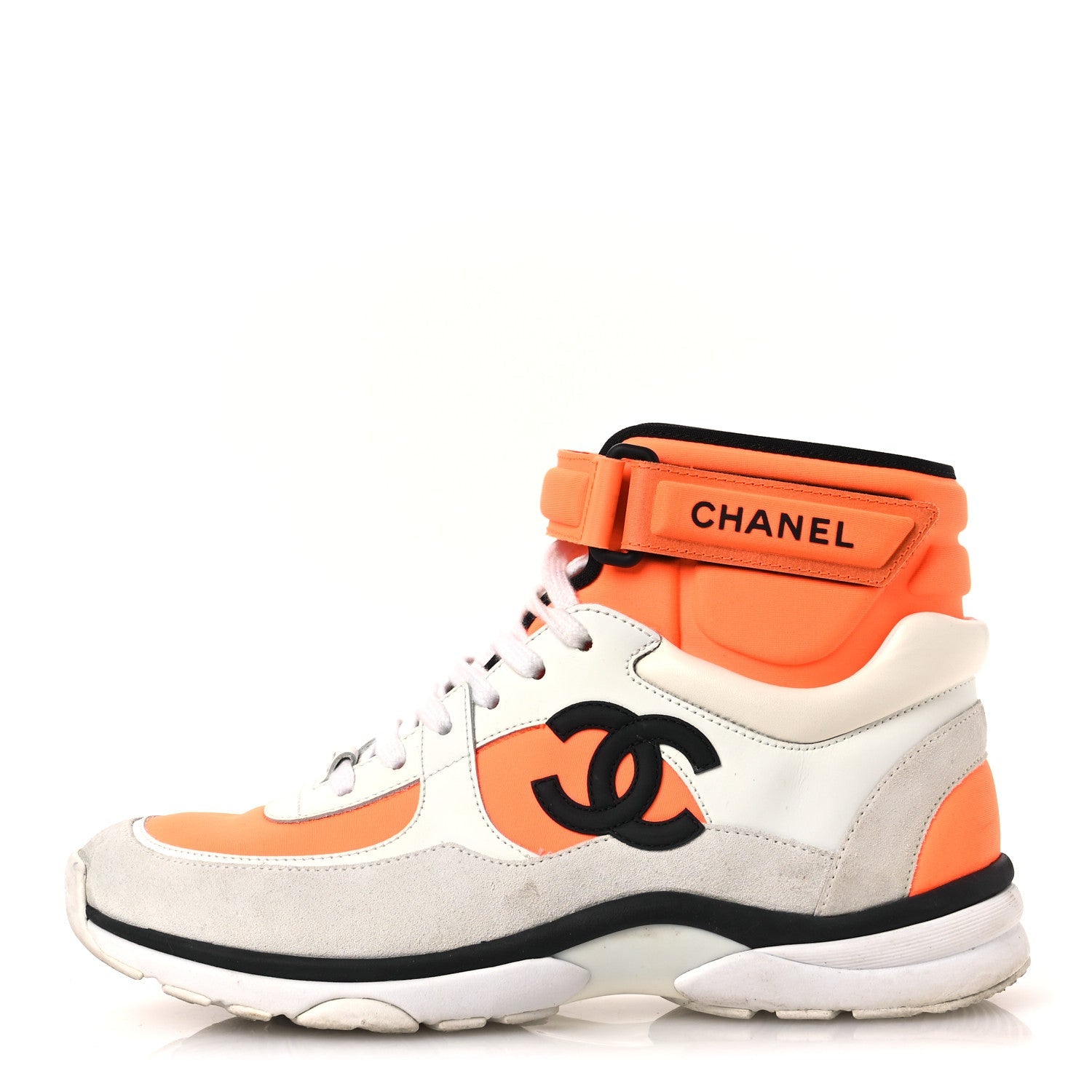 Suede Calfskin Lambskin Neoprene High Top CC Sneakers 39 White Fluo Orange