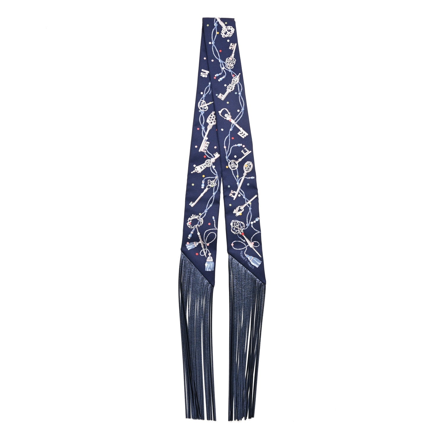 Silk Metallic Agneau Les Cles A Pois Fringed Twilly Bleu Marine Gris Argent Multicolor