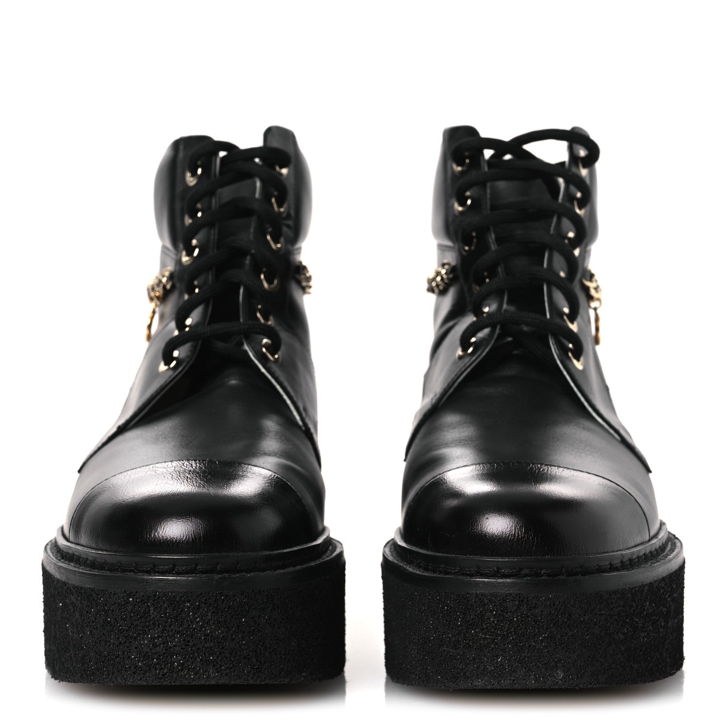 Calfskin Shiny Calfskin Chain Lace Up CC Short Boots 38.5 Black