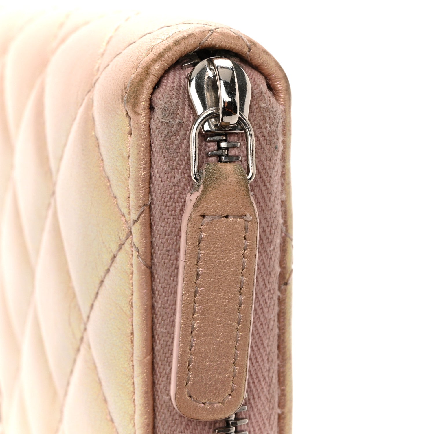 Iridescent Lambskin Quilted Large Gusset Zip Around Wallet Pink