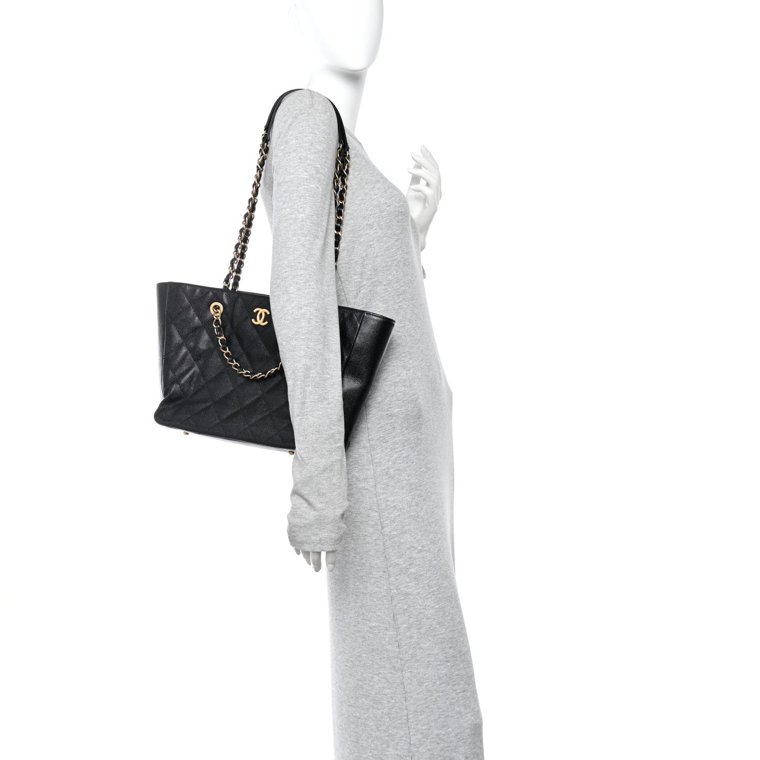 Caviar Quilted Small Trapezoid Chain Shopping Tote Black
