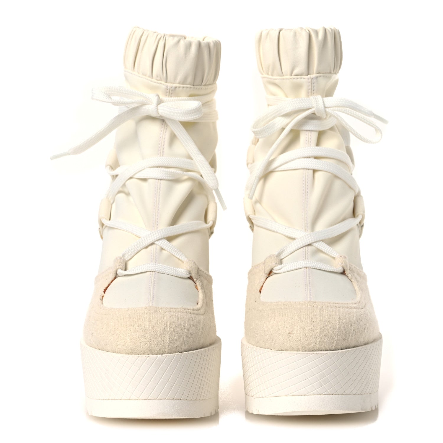 Tweed Patent Calfskin Runway Wedge Short Platform Boots 38 White Ivory