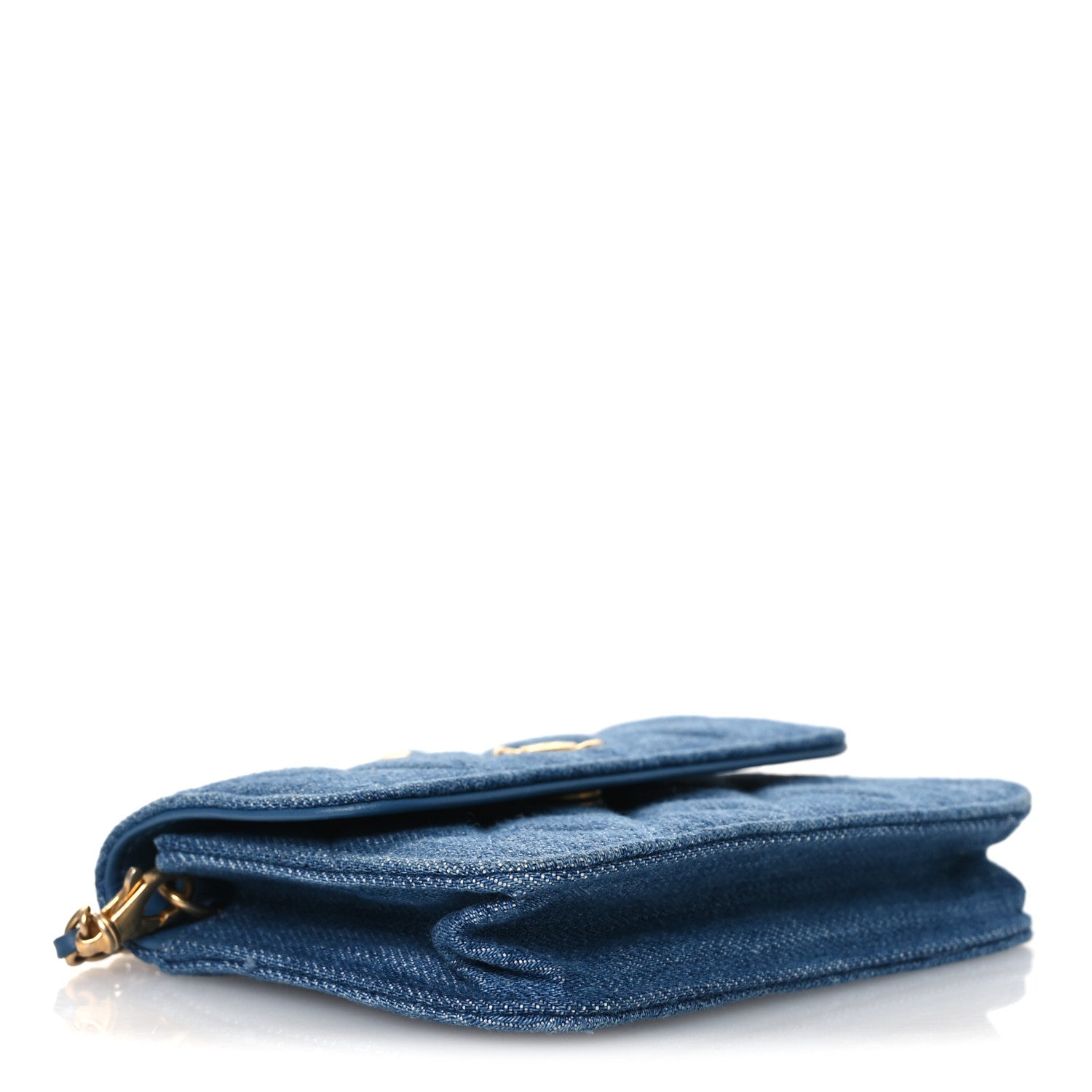 Denim Quilted CC Pearl Crush Clutch With Chain Blue