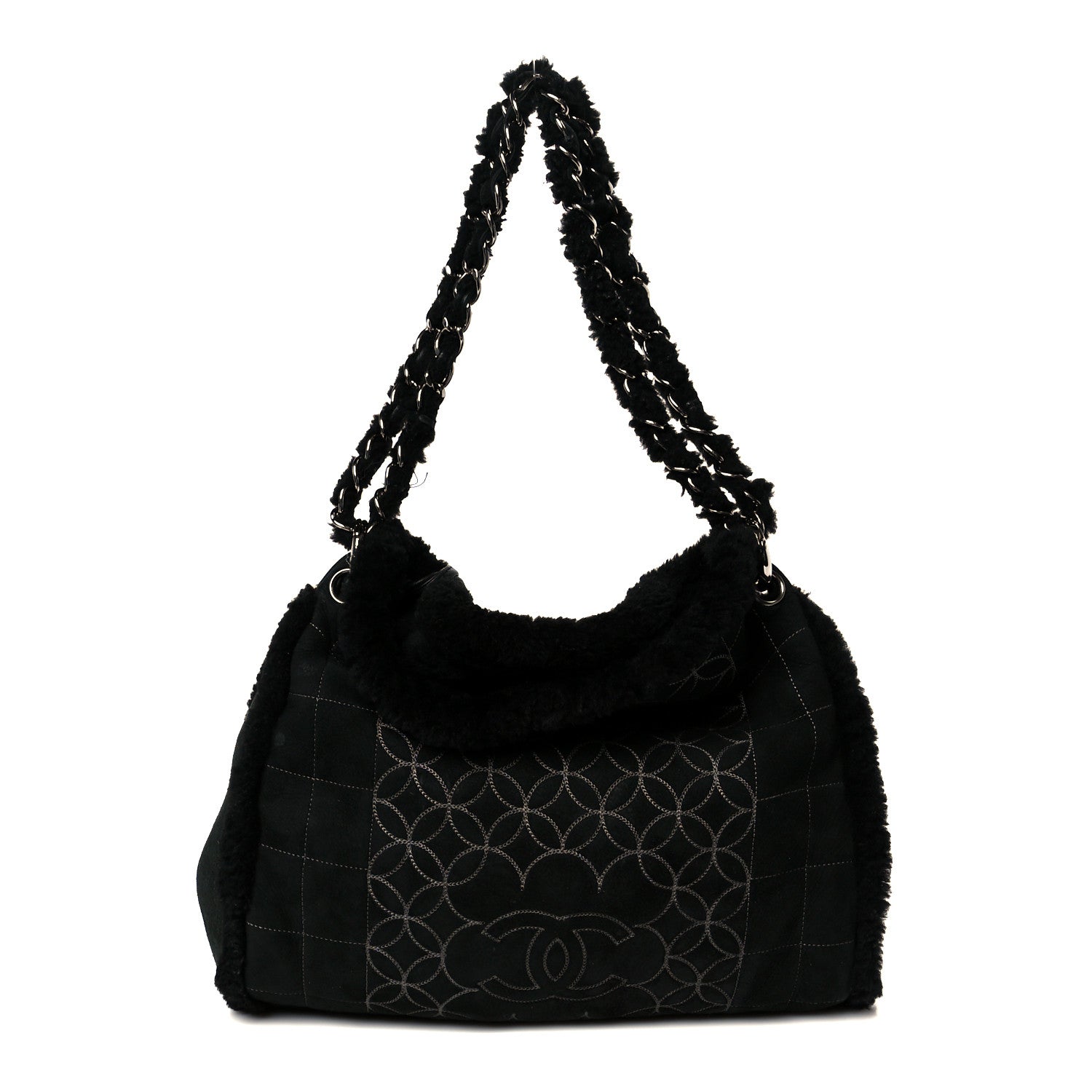 Shearling Suede Stitched CC Tote Black