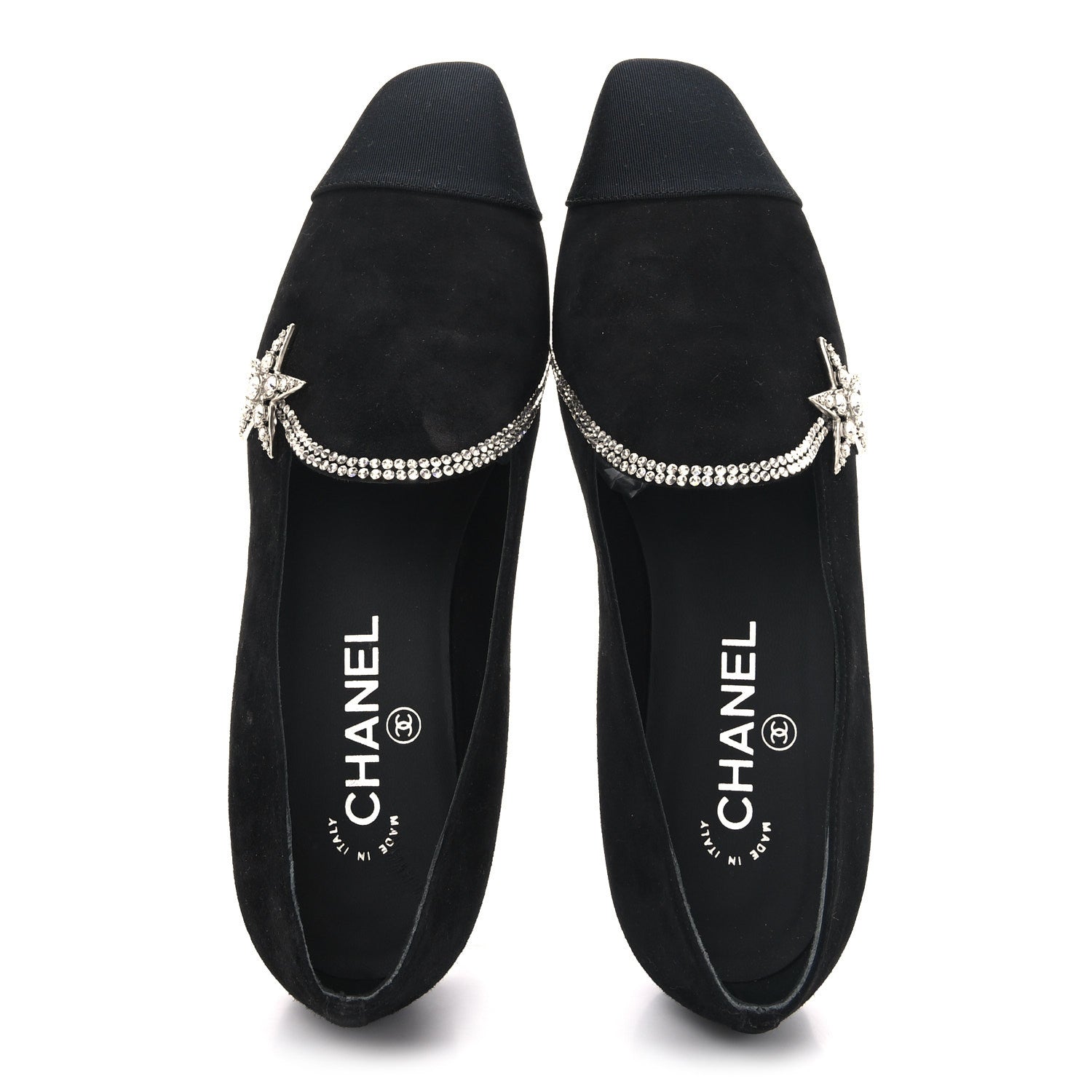 Suede Calfskin Grosgrain Crystal Star Mocassin Loafers 38 Black
